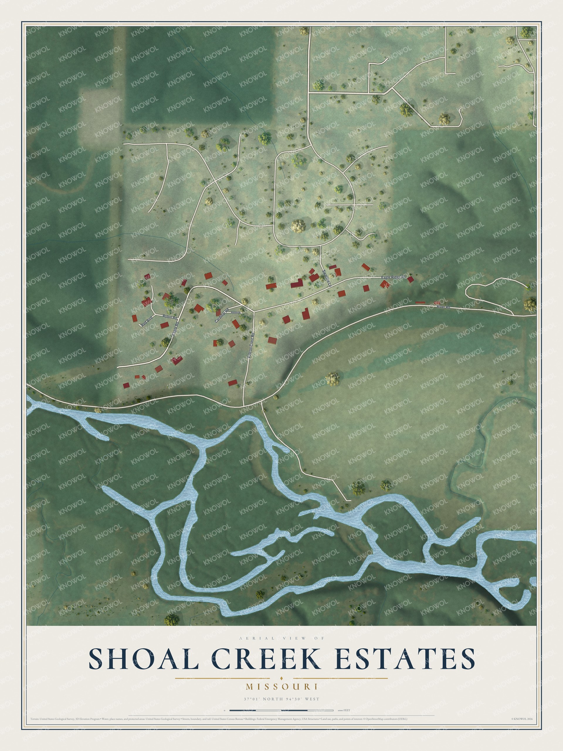 Full map of Shoal Creek Estates, Missouri, with red buildings, printed street names and the land around them