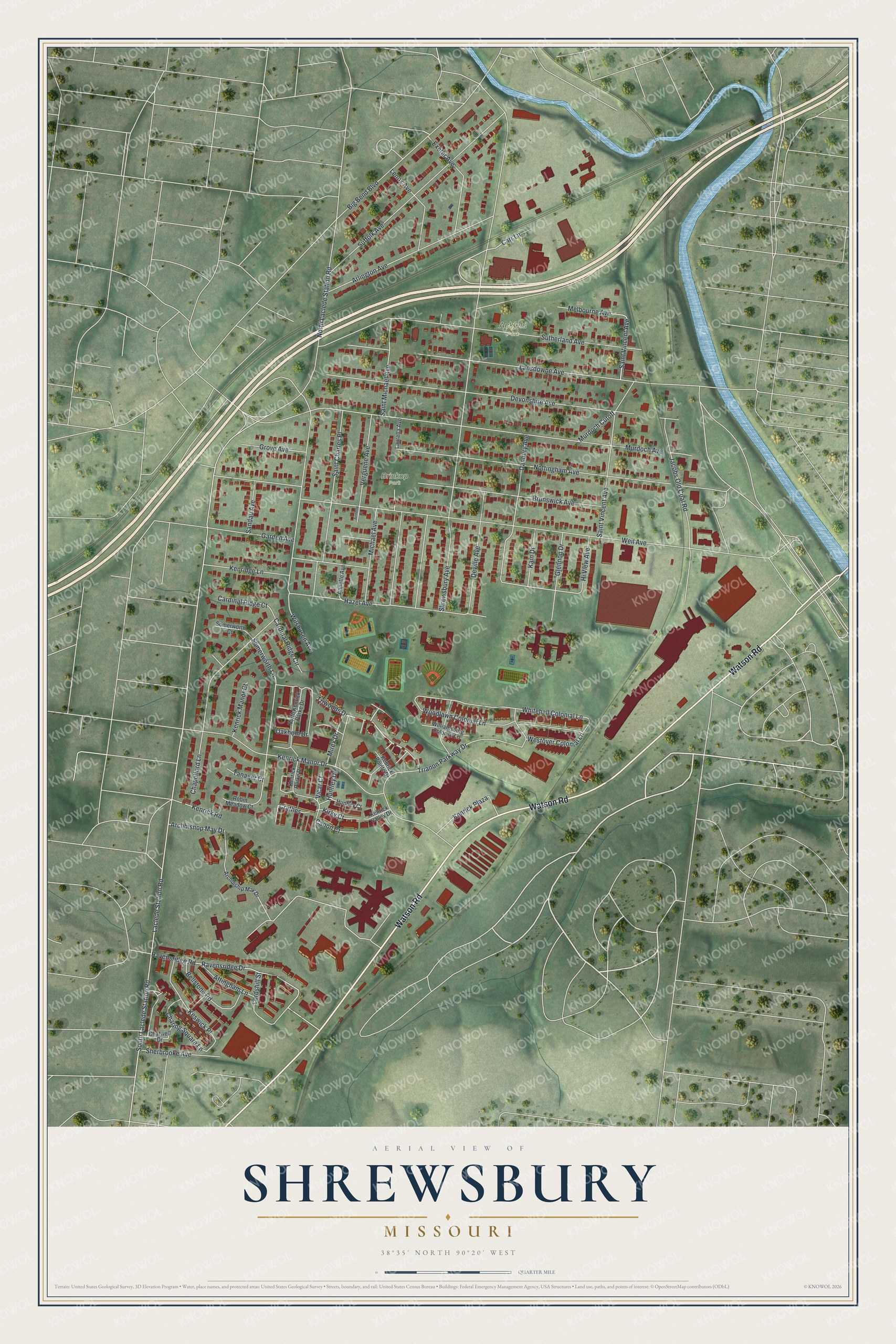 Full map of Shrewsbury, Missouri, with red buildings, printed street names and the land around them
