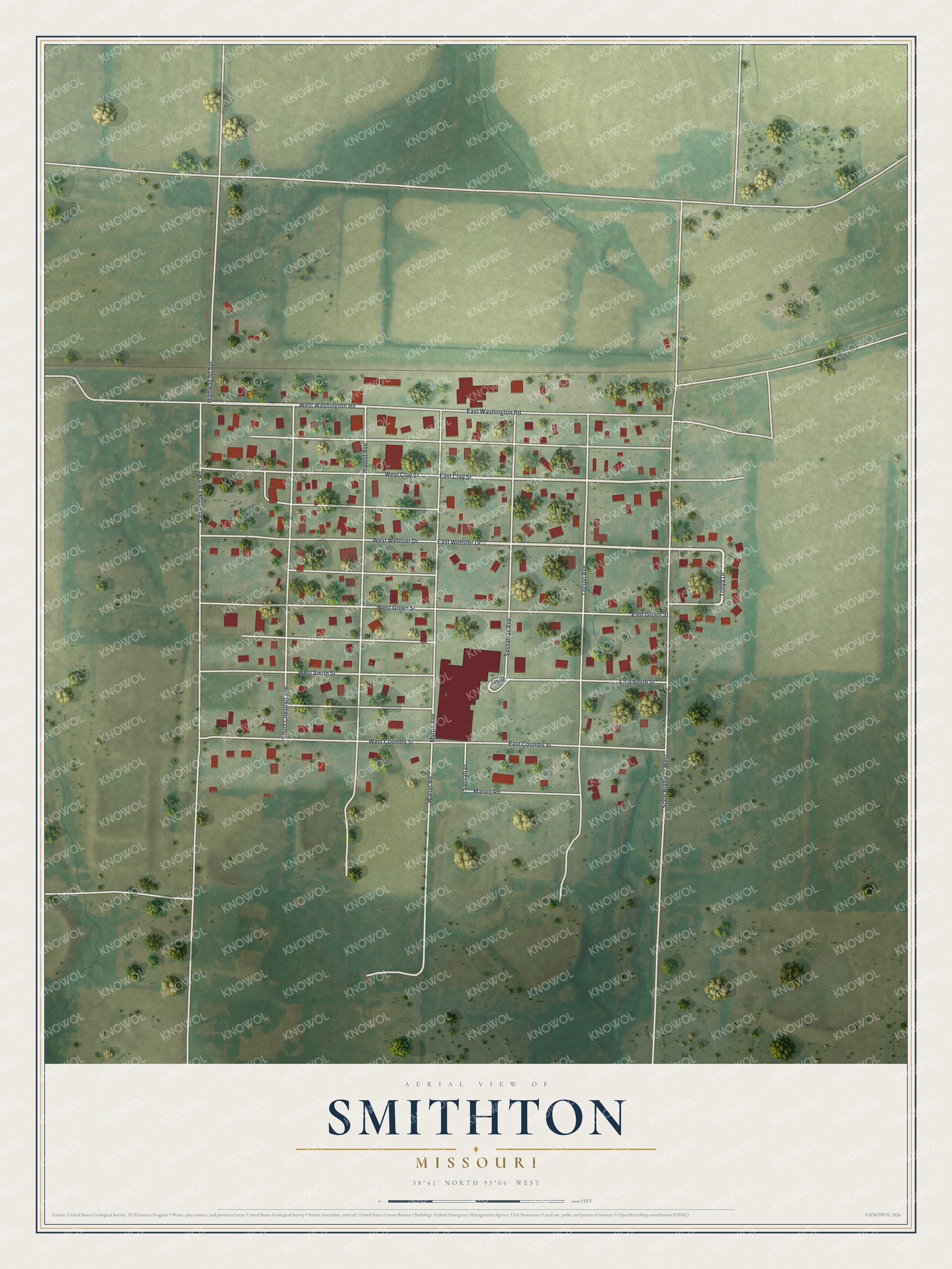 Full map of Smithton, Missouri, with red buildings, printed street names and the land around them