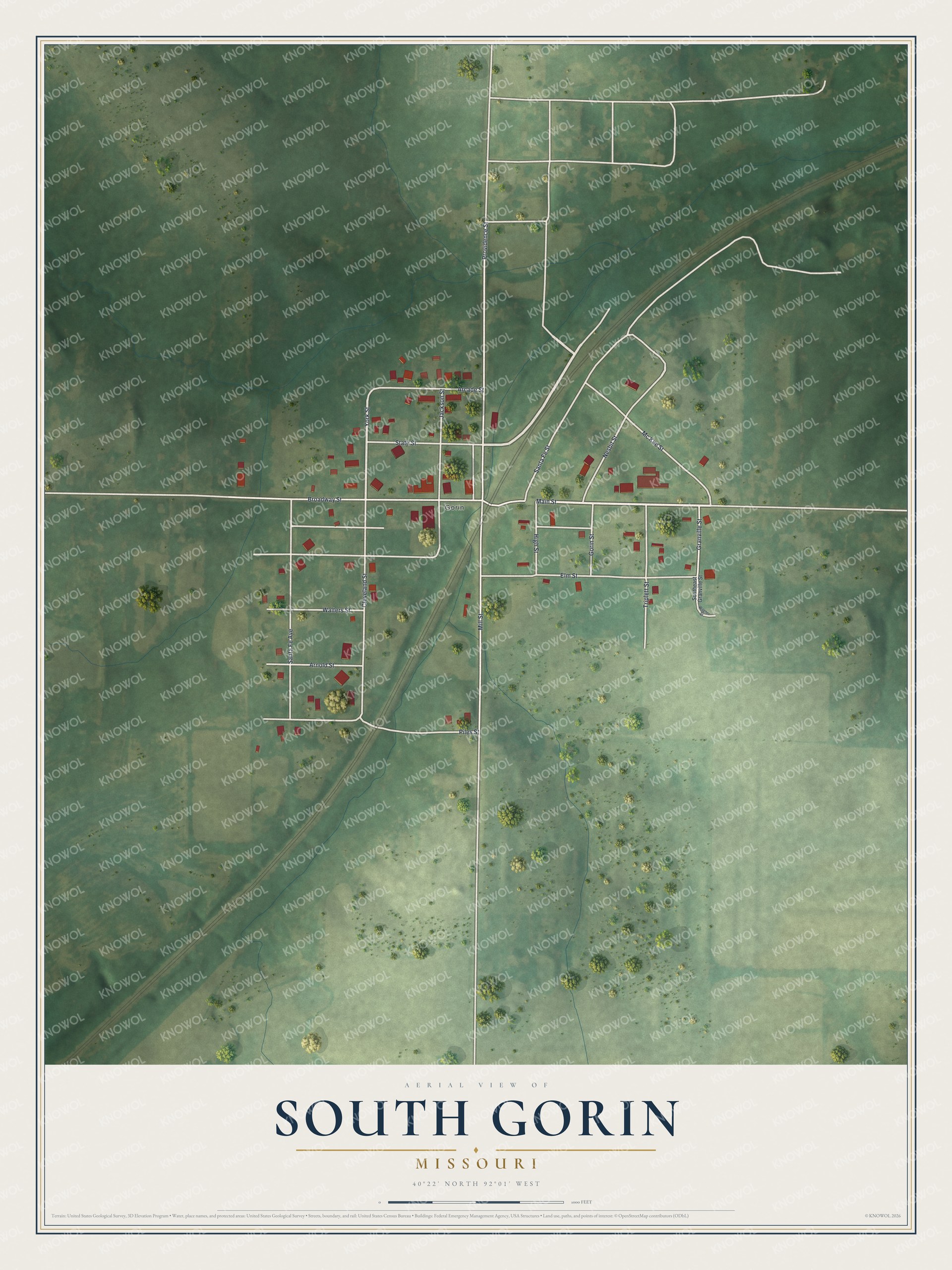 Full map of South Gorin, Missouri, with red buildings, printed street names and the land around them