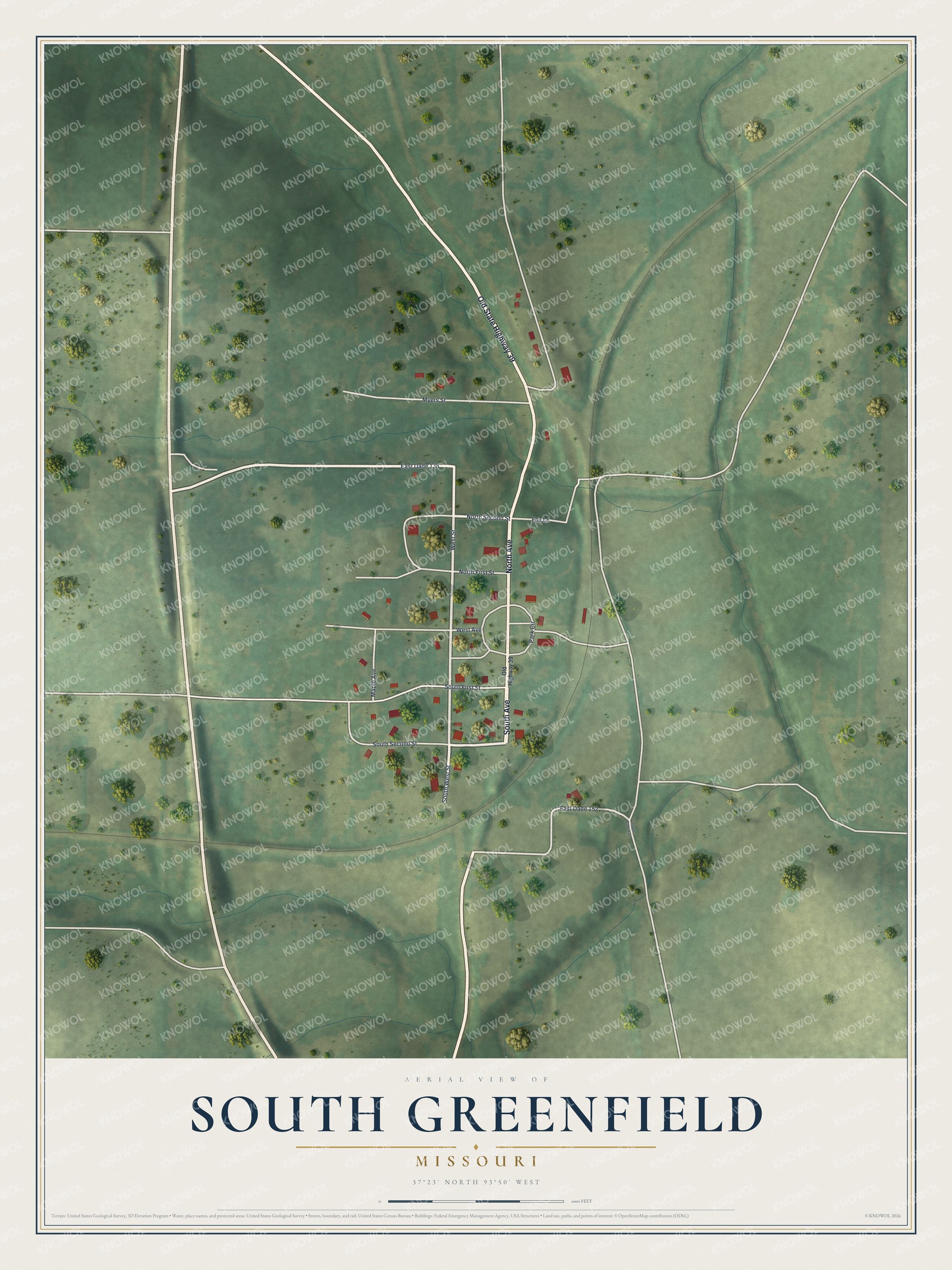 Full map of South Greenfield, Missouri, with red buildings, printed street names and the land around them