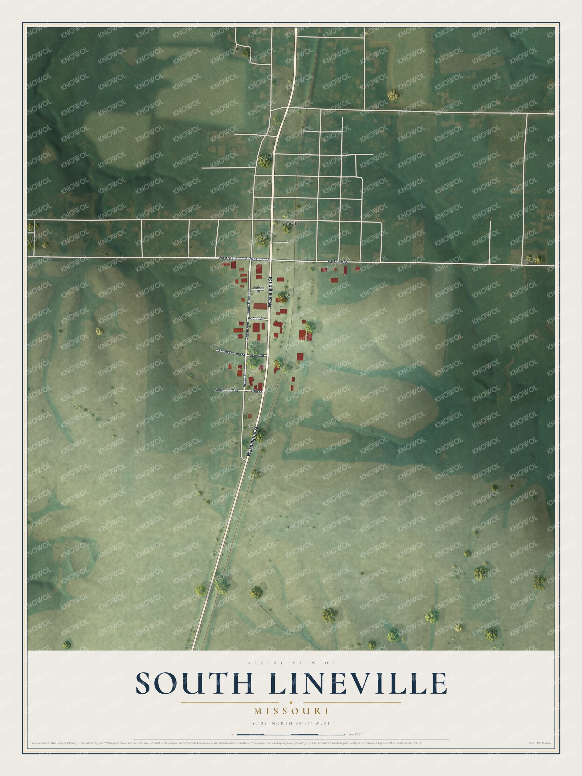 Full map of South Lineville, Missouri, with red buildings, printed street names and the land around them