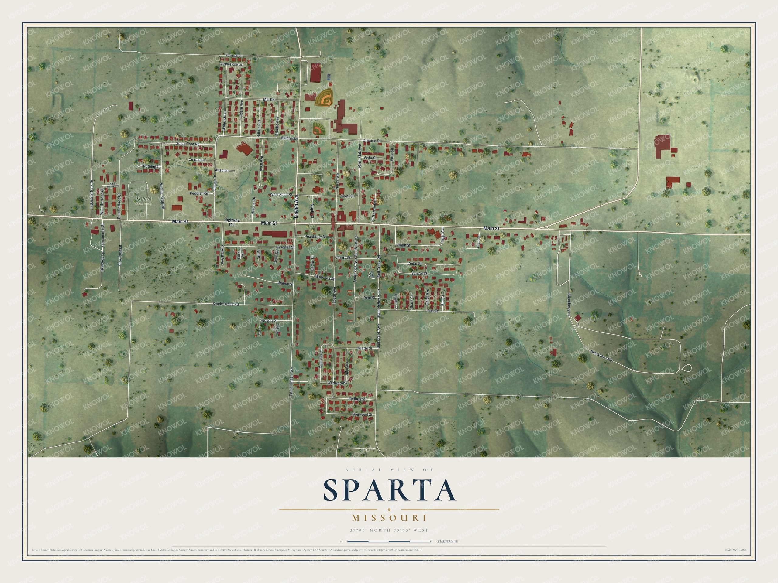 Full map of Sparta, Missouri, with red buildings, printed street names and the land around them