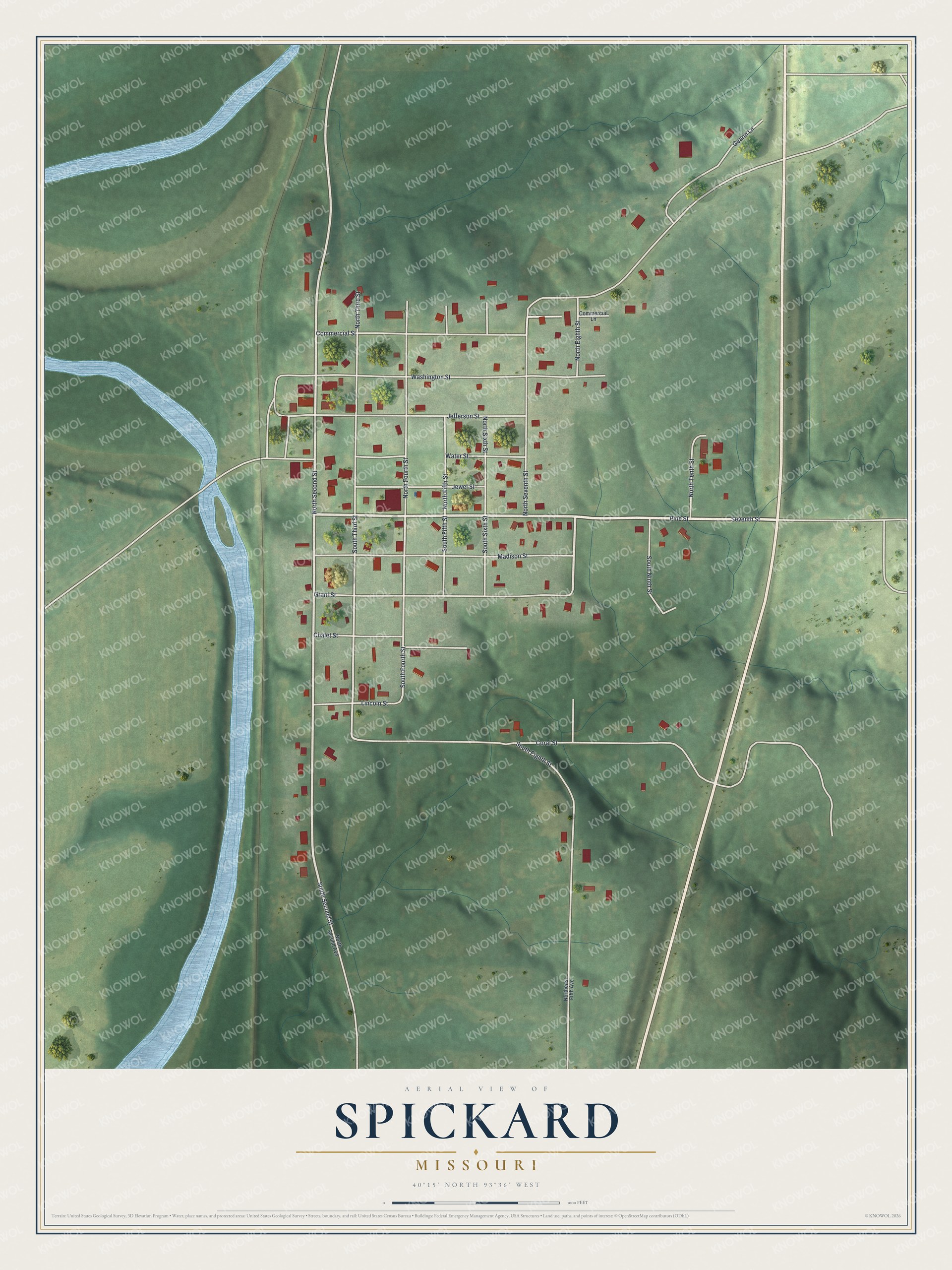 Full map of Spickard, Missouri, with red buildings, printed street names and the land around them