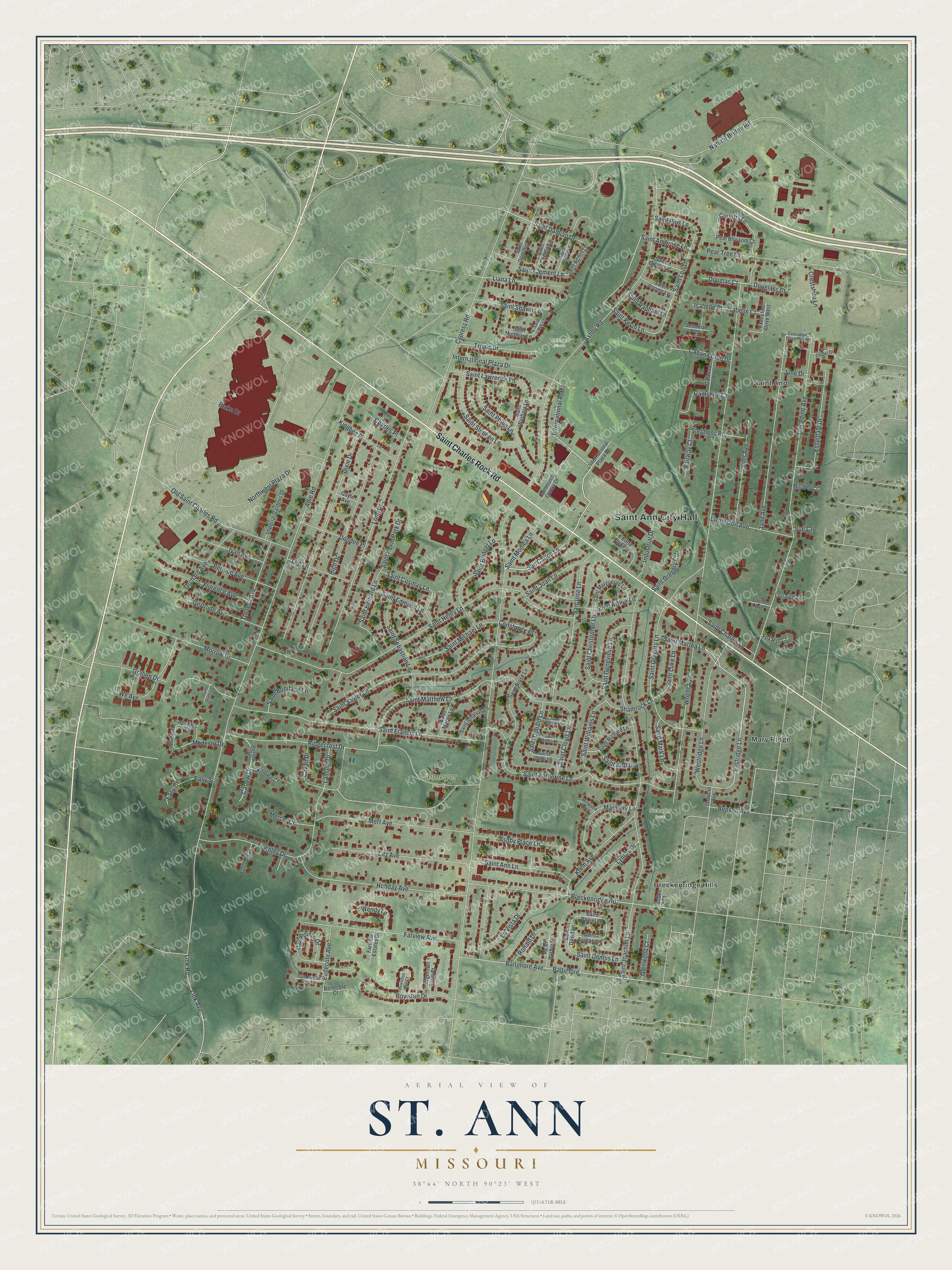 Full map of St. Ann, Missouri, with red buildings, printed street names and the land around them