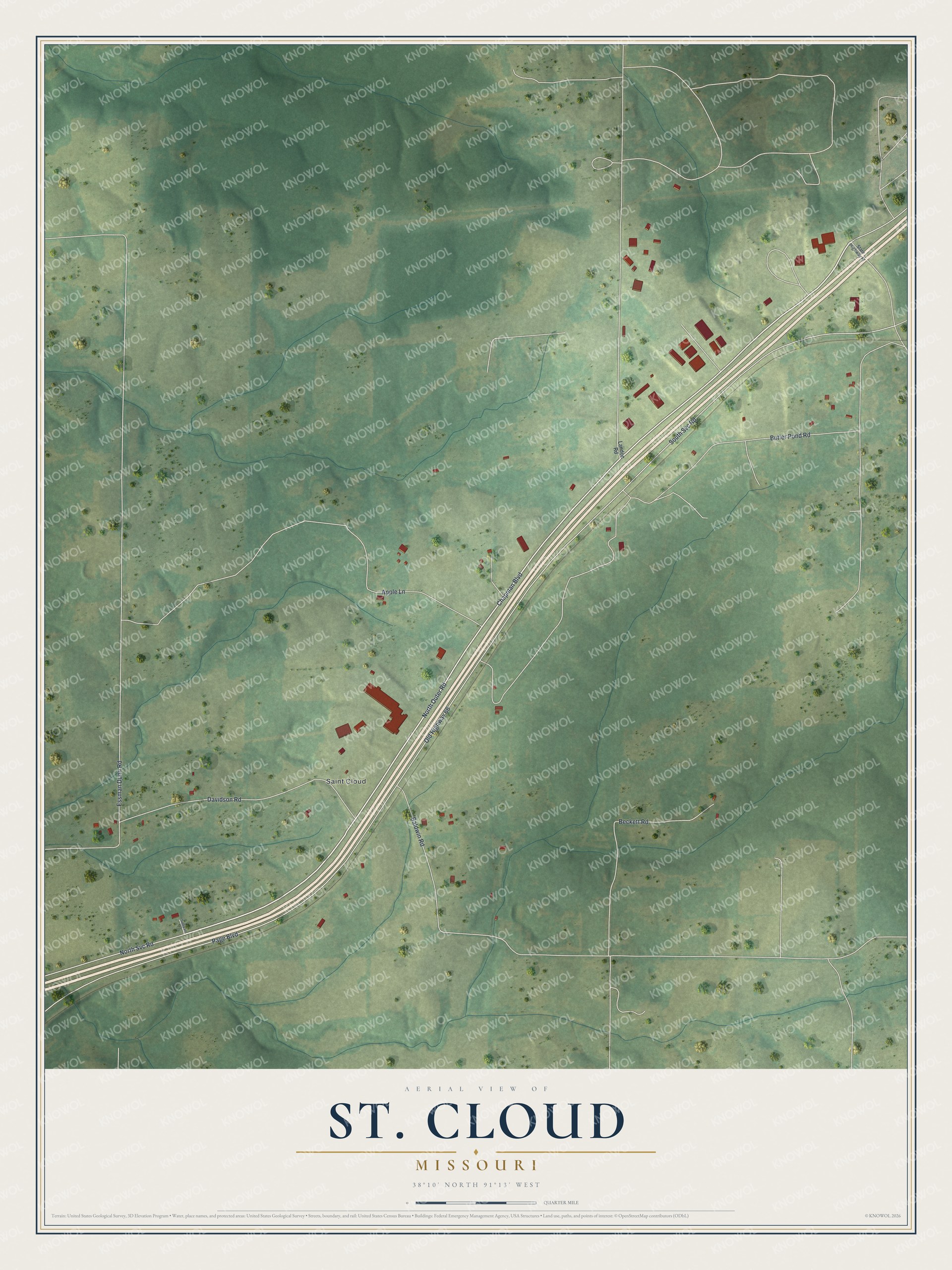 Full map of St. Cloud, Missouri, with red buildings, printed street names and the land around them