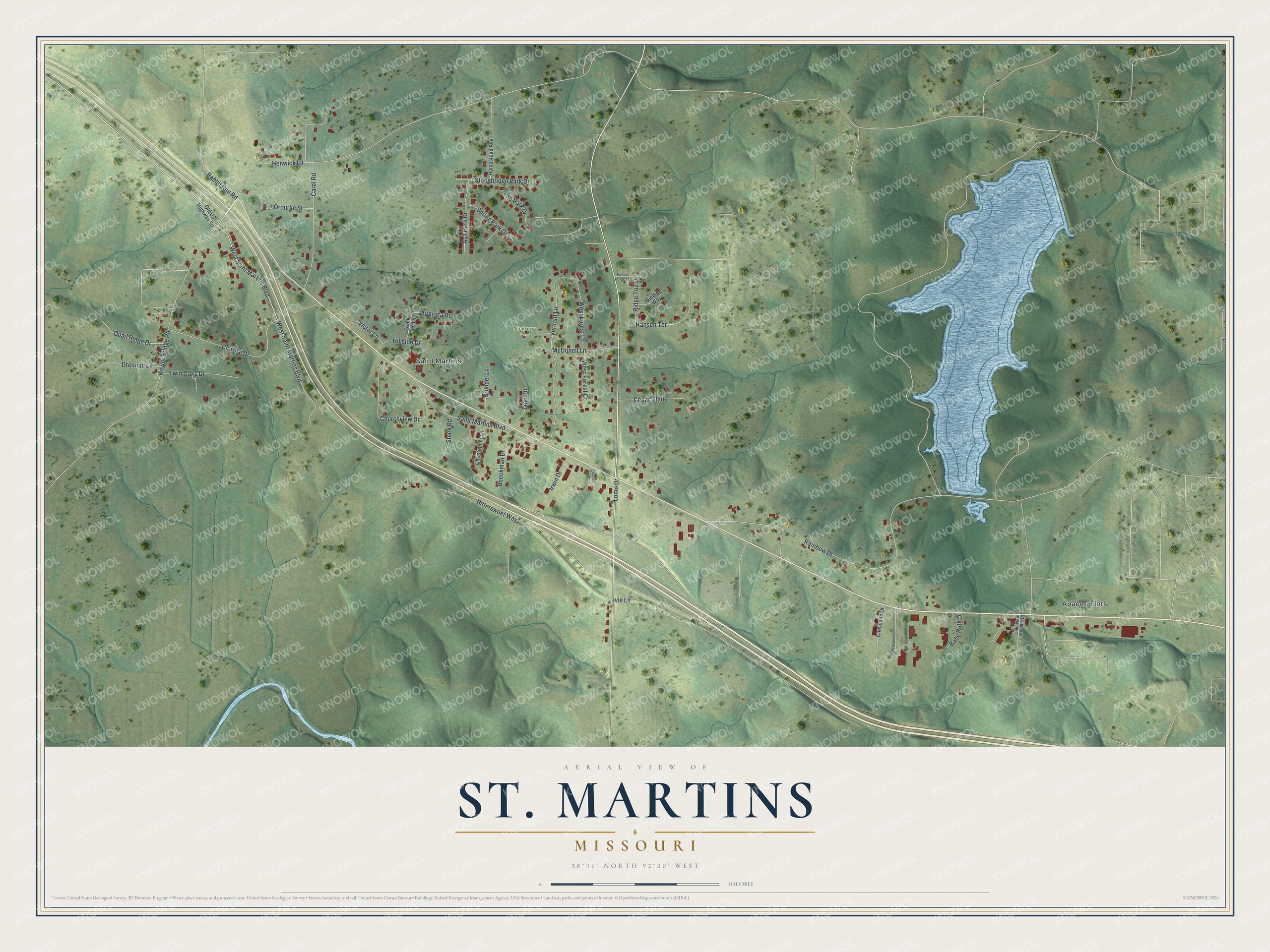Full map of St. Martins, Missouri, with red buildings, printed street names and the land around them