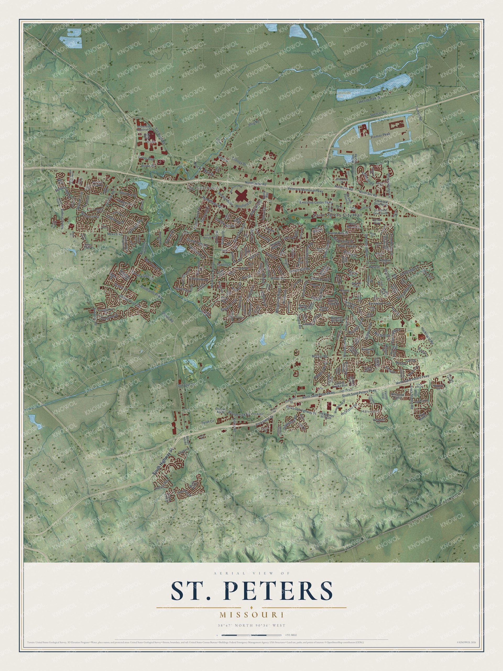 Full map of St. Peters, Missouri, with red buildings, printed street names and the land around them