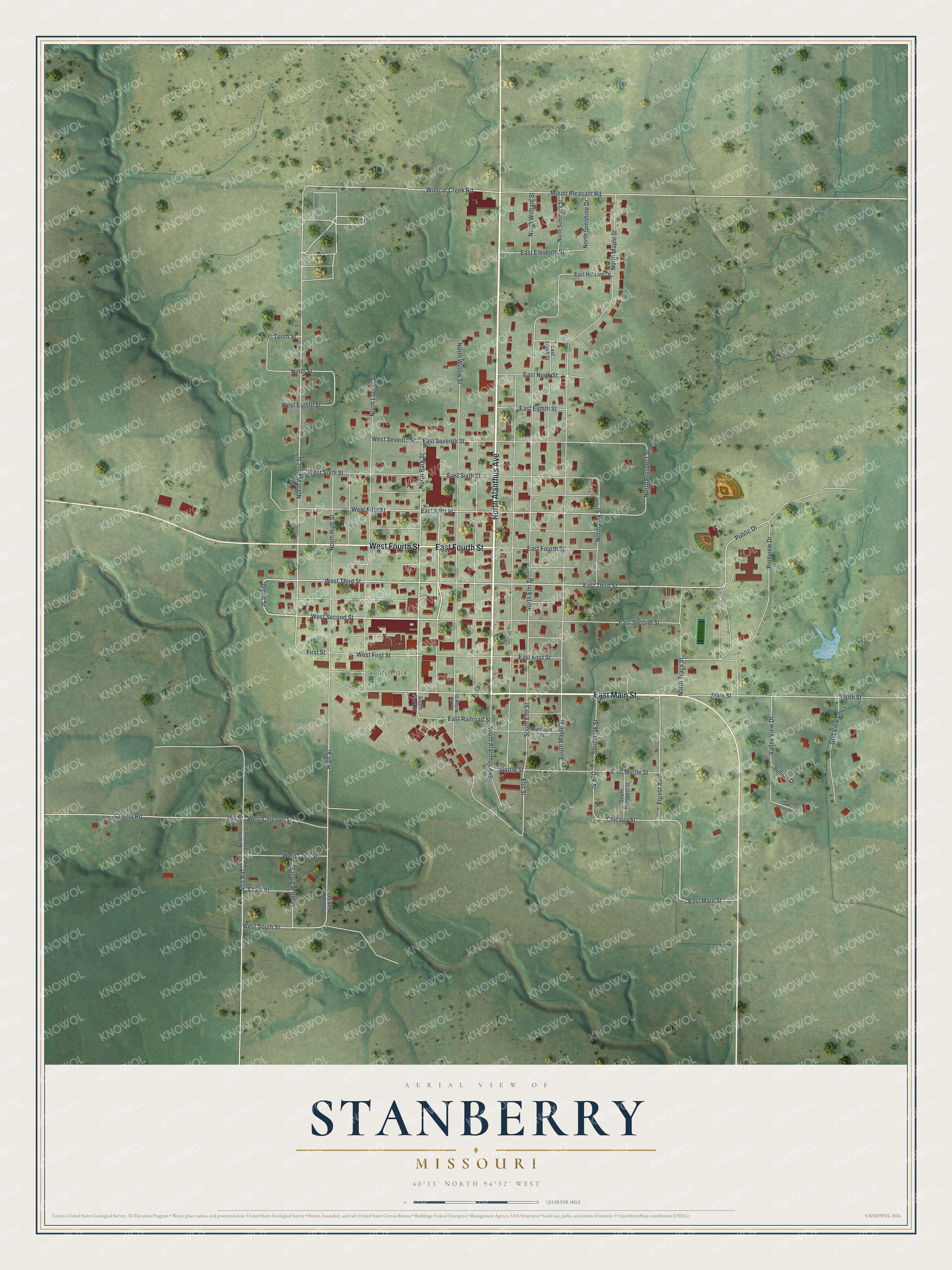 Aerial-style map of Stanberry, Missouri, with red buildings on a street grid and green hills and creek valleys around the town