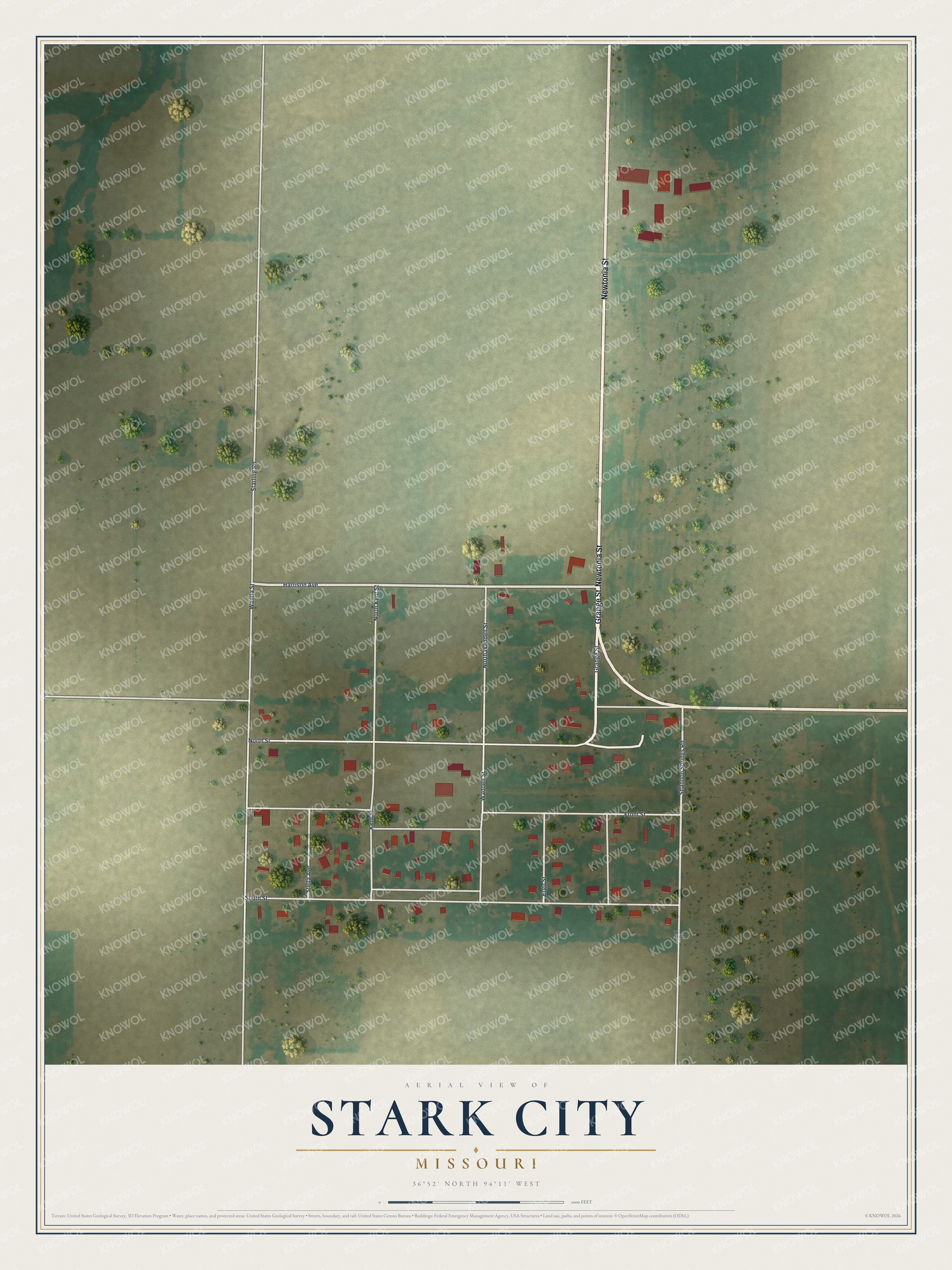 Full map of Stark City, Missouri, with red buildings, printed street names and the land around them
