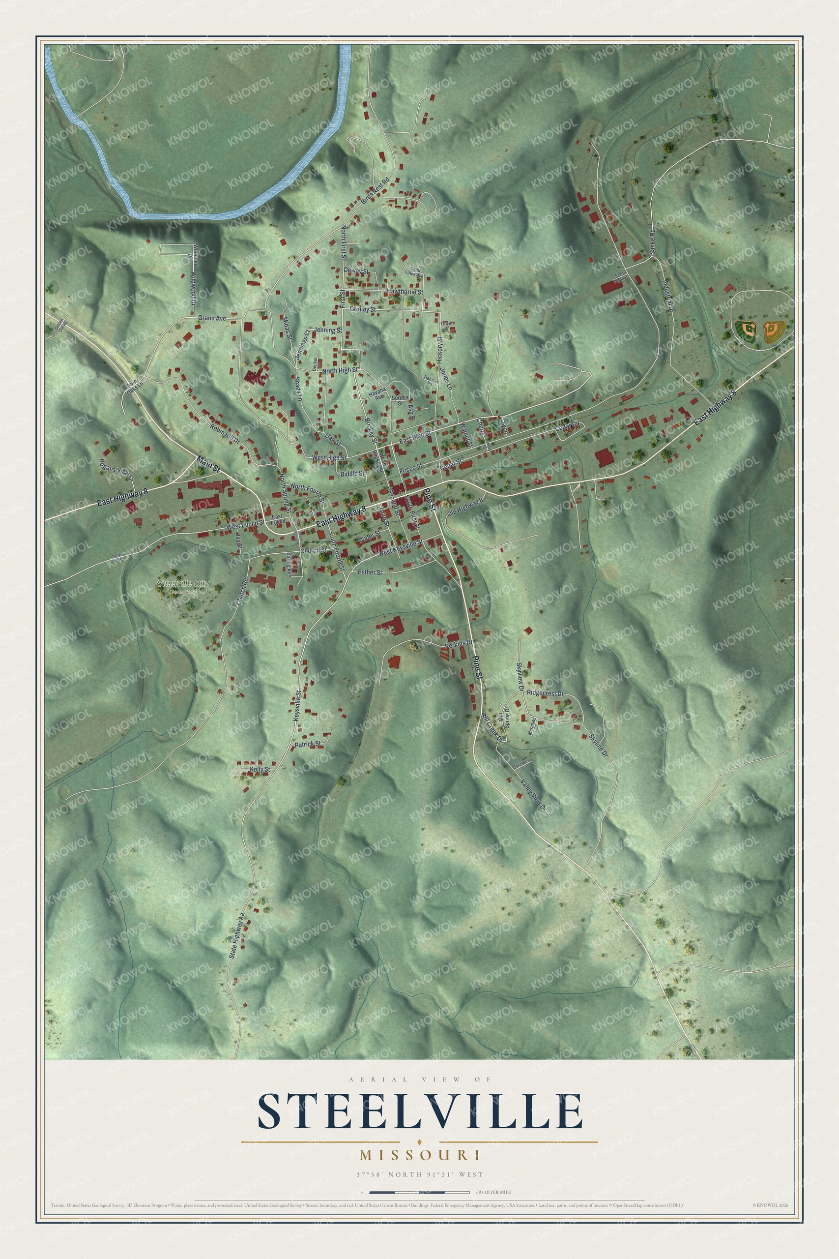 Full map of Steelville, Missouri, with red buildings, printed street names and the land around them