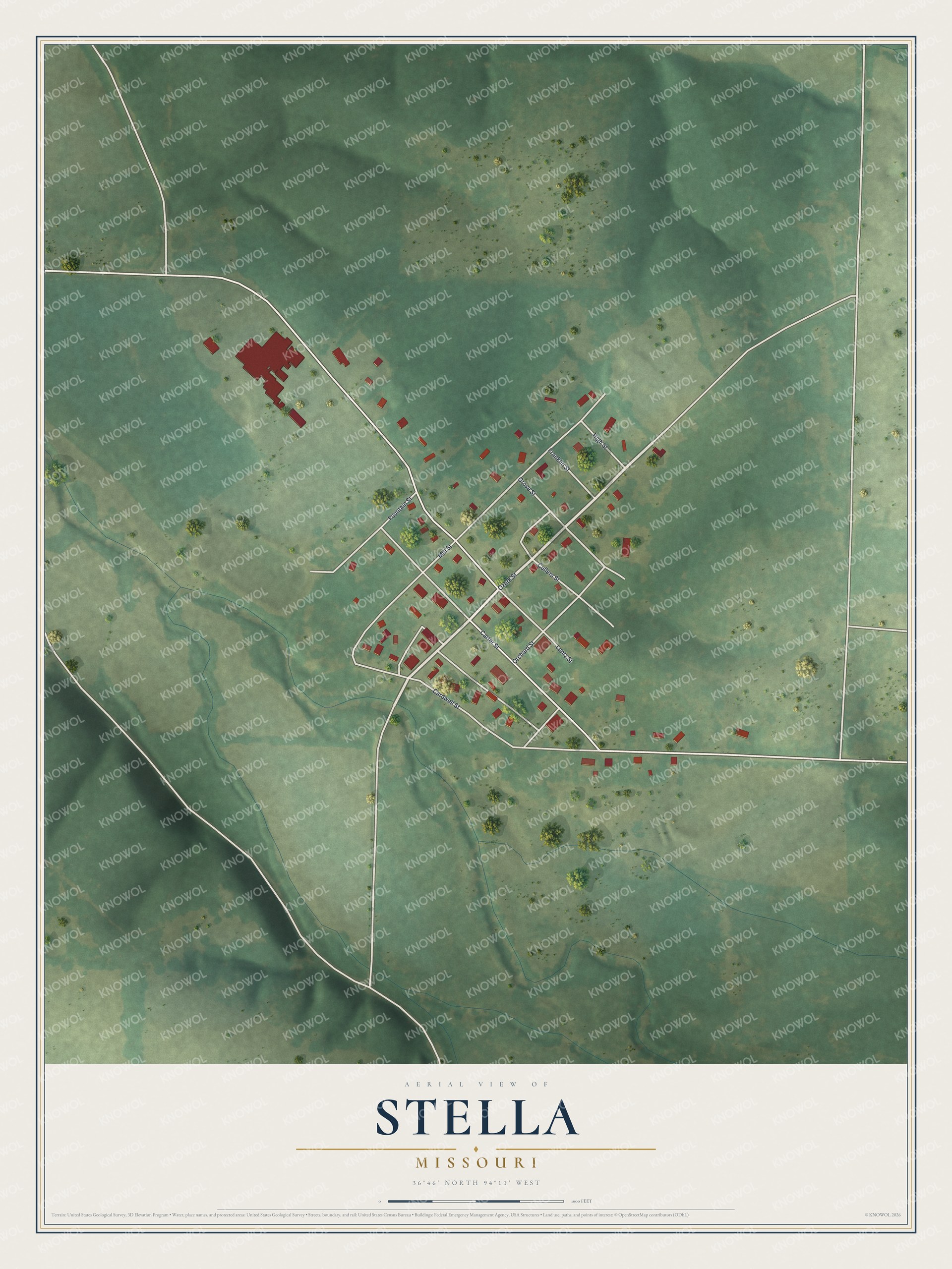 Full map of Stella, Missouri, with red buildings, printed street names and the land around them