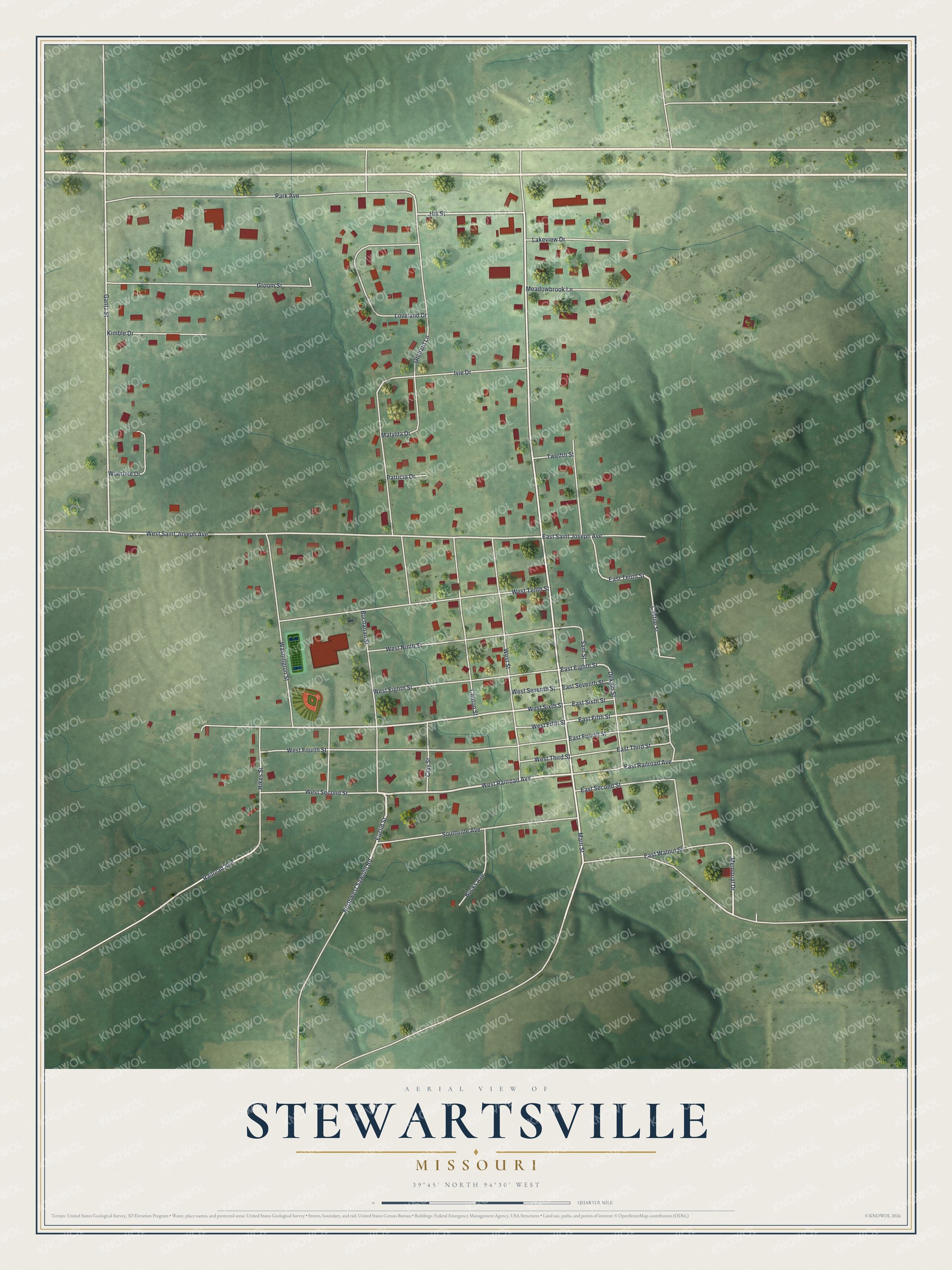 Full Stewartsville, Missouri map with red buildings, a street grid, green fields, shaded hills, and a cream title panel