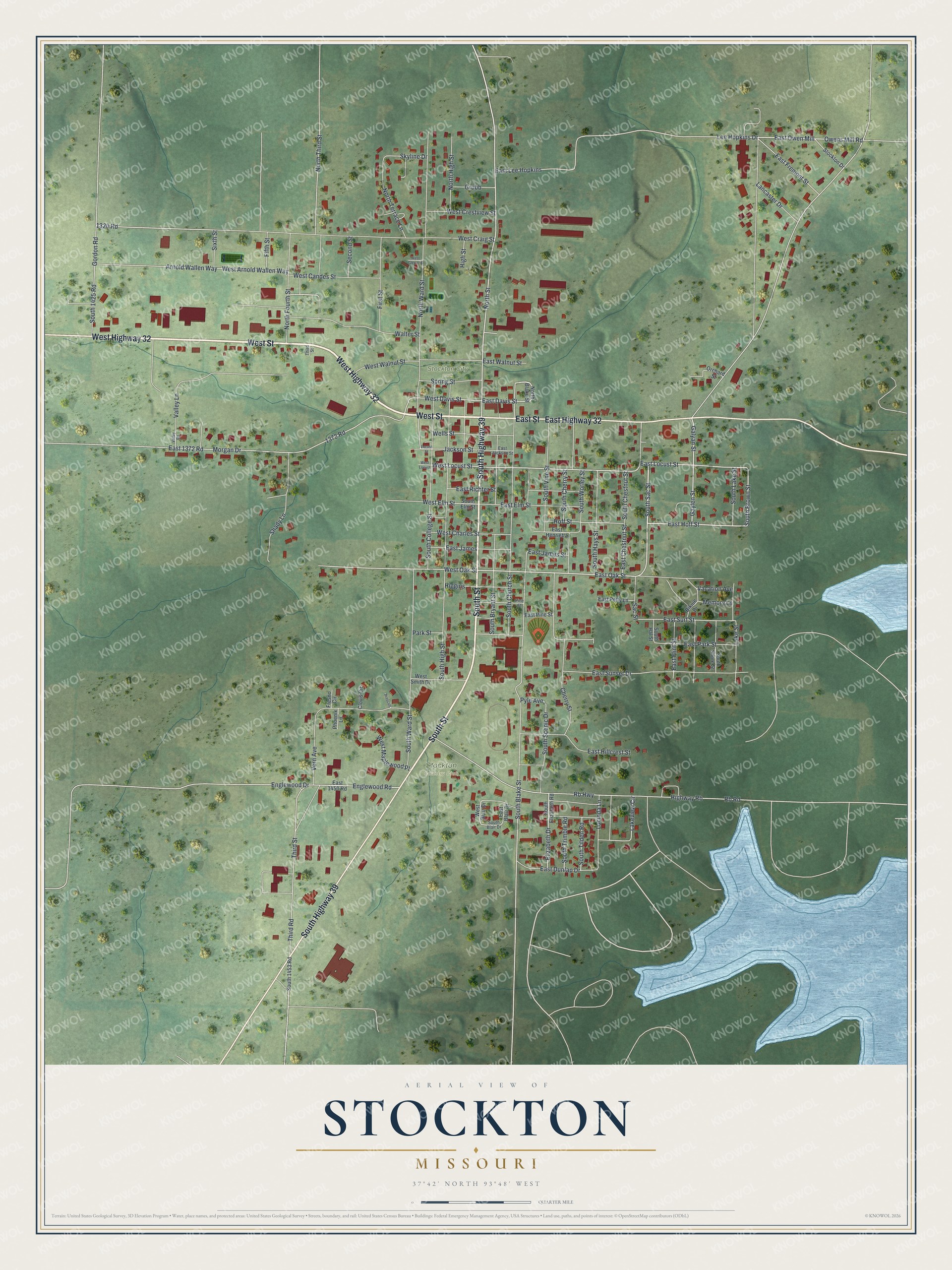 Full map of Stockton, Missouri, with red buildings, printed street names and the land around them