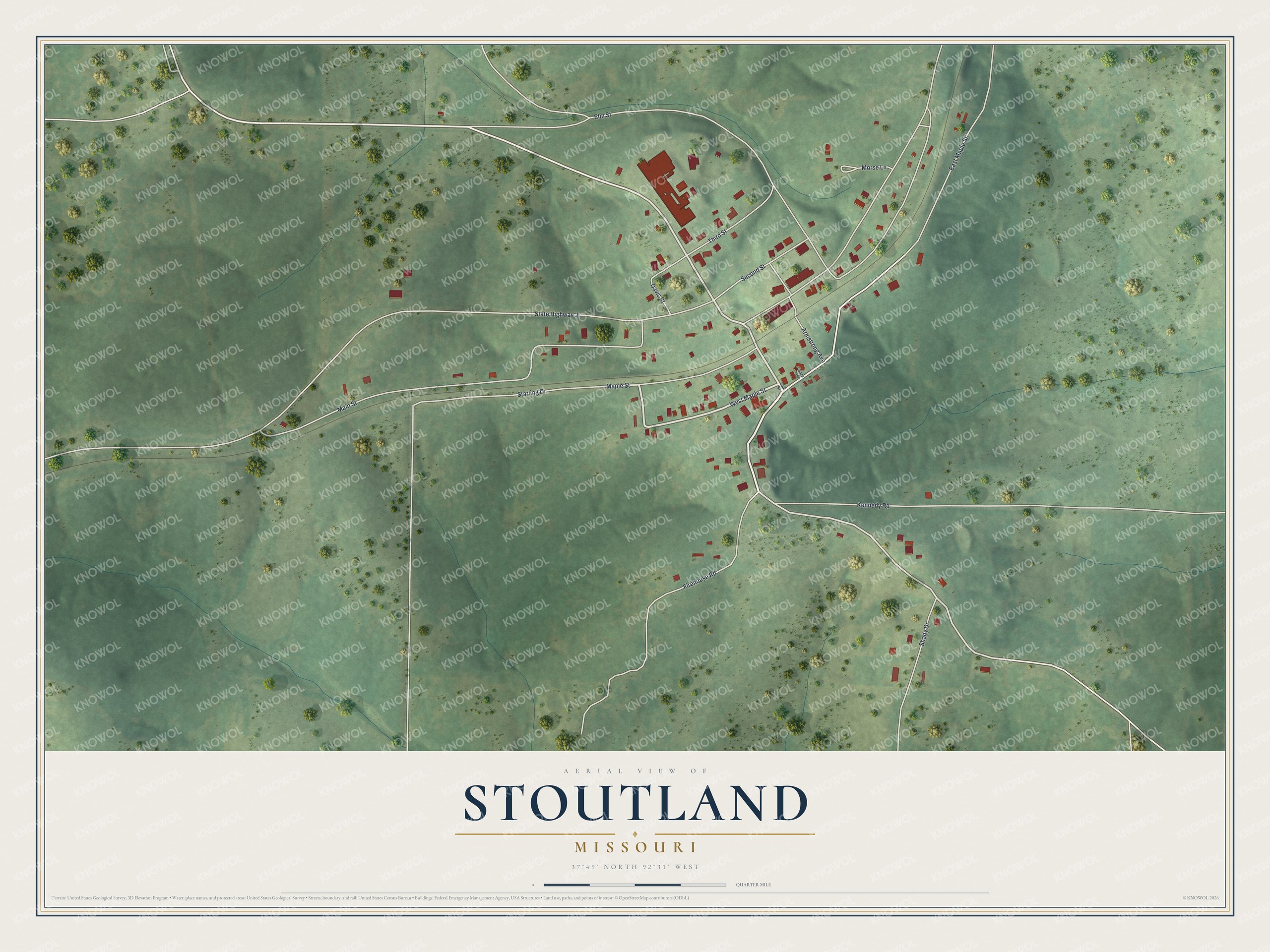 Full map of Stoutland, Missouri, with red buildings, printed street names and the land around them