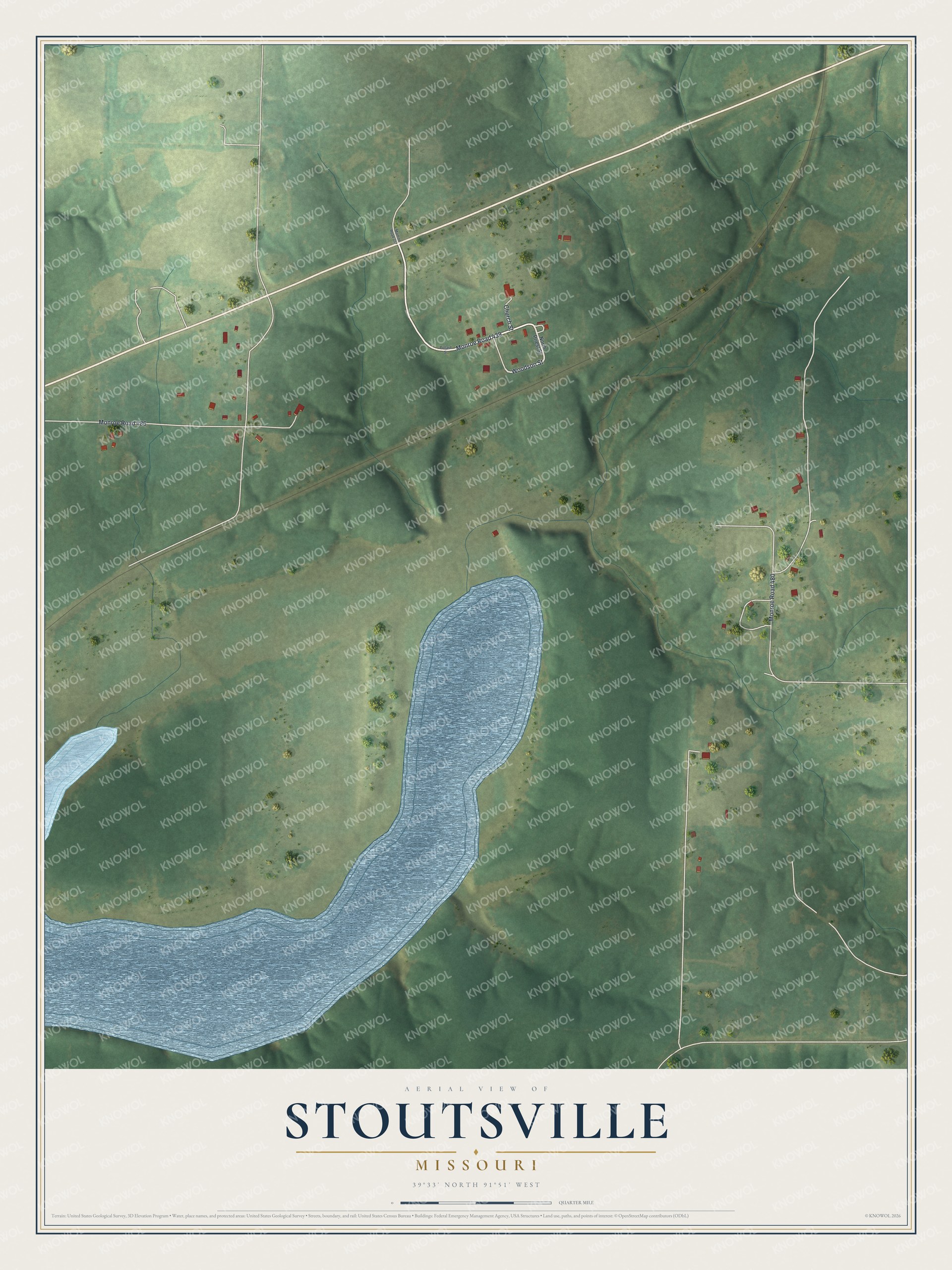 Full Stoutsville, Missouri map with village roads, red building shapes, shaded green land and curved blue water above a cream title panel