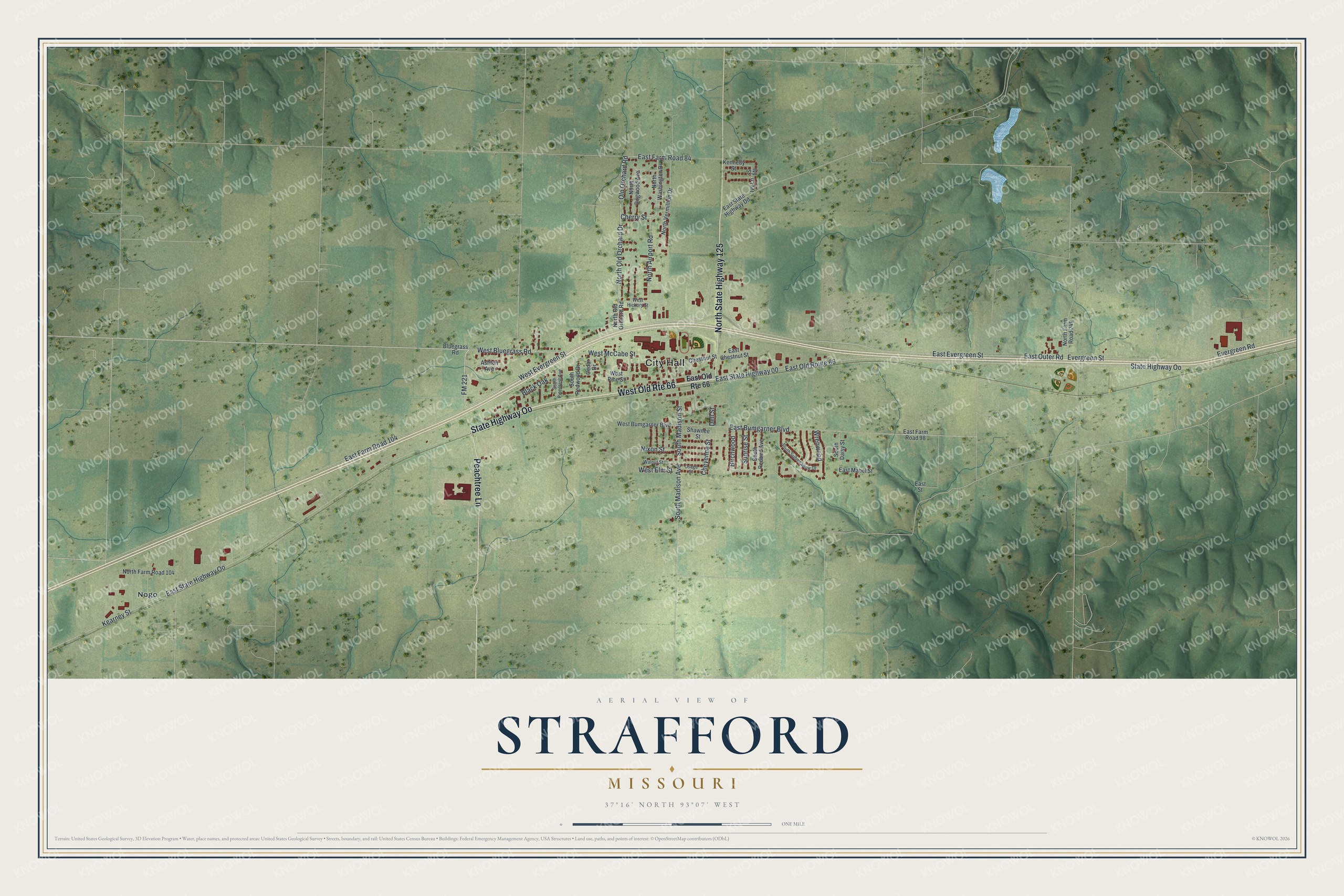 Full map of Strafford, Missouri, with red buildings, printed street names and the land around them