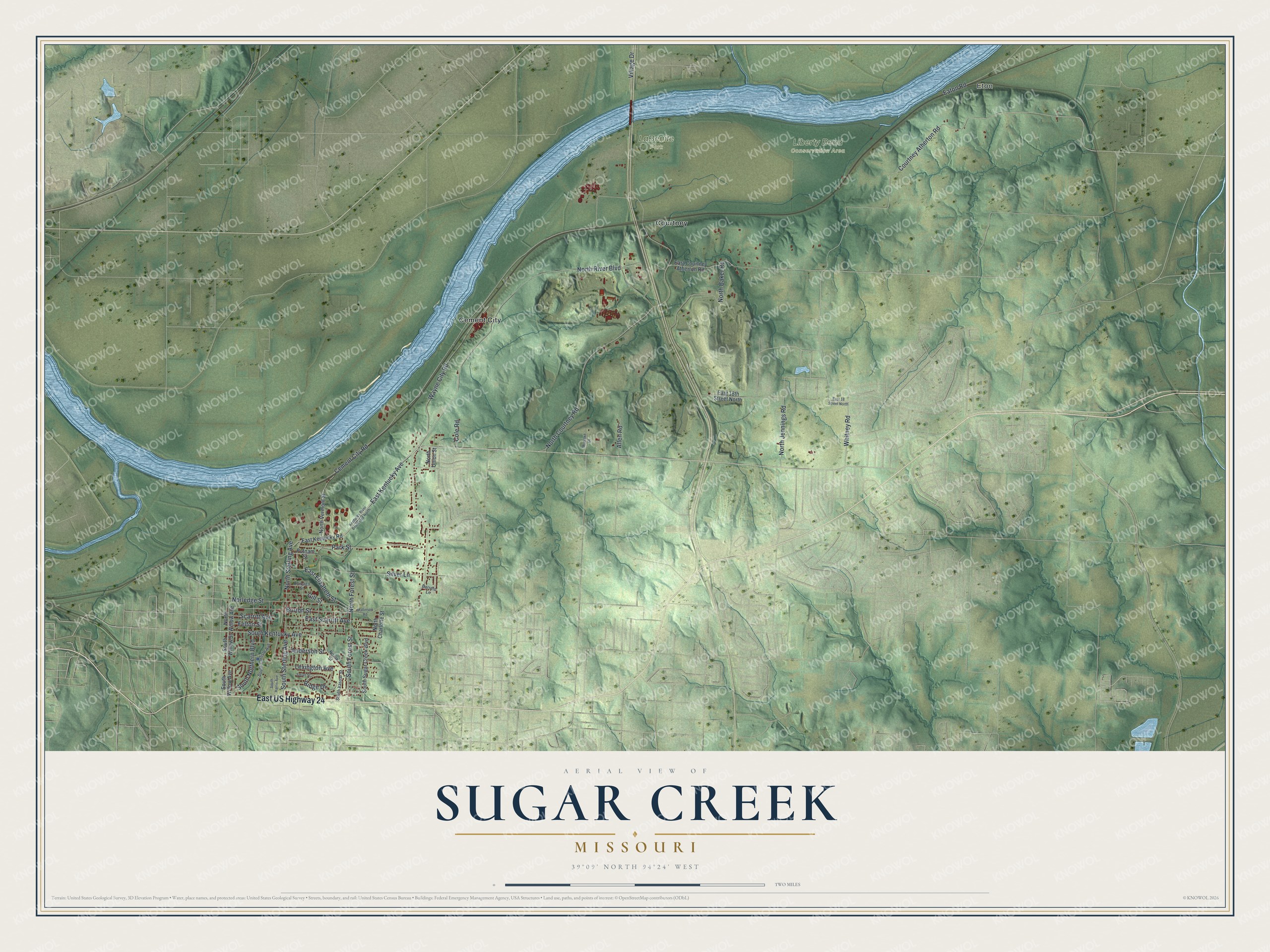 Full map of Sugar Creek, Missouri, with red buildings, printed street names and the land around them