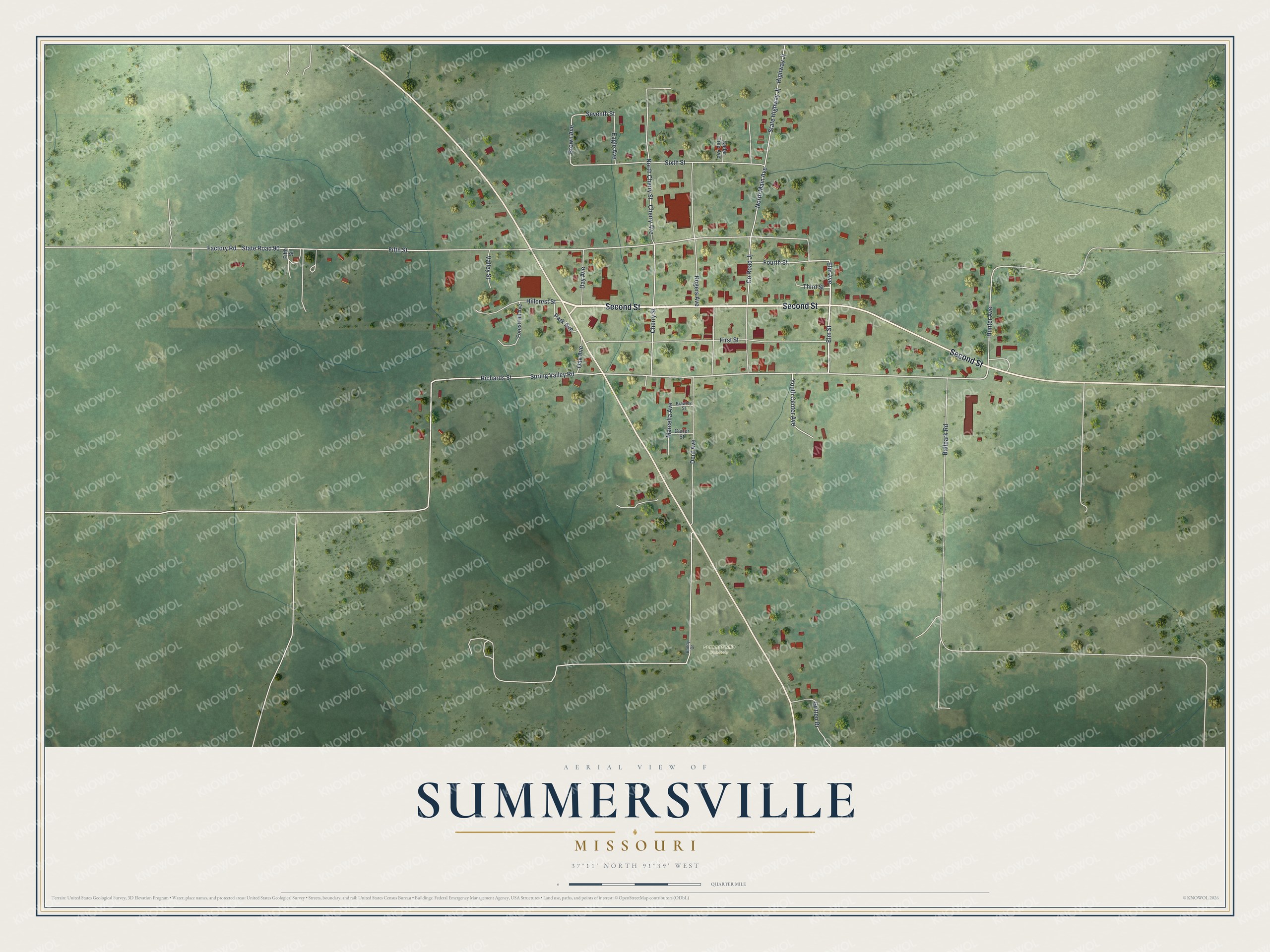 Full map of Summersville, Missouri, with red buildings, printed street names and the land around them
