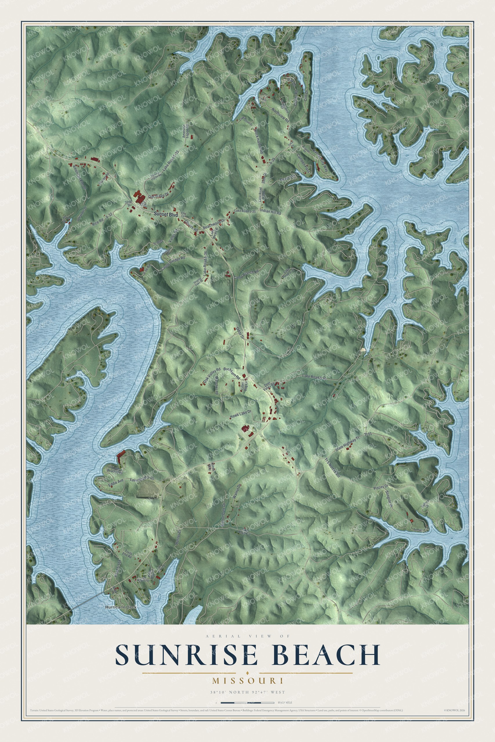 Full map of Sunrise Beach, Missouri, with red buildings, printed street names and the land around them