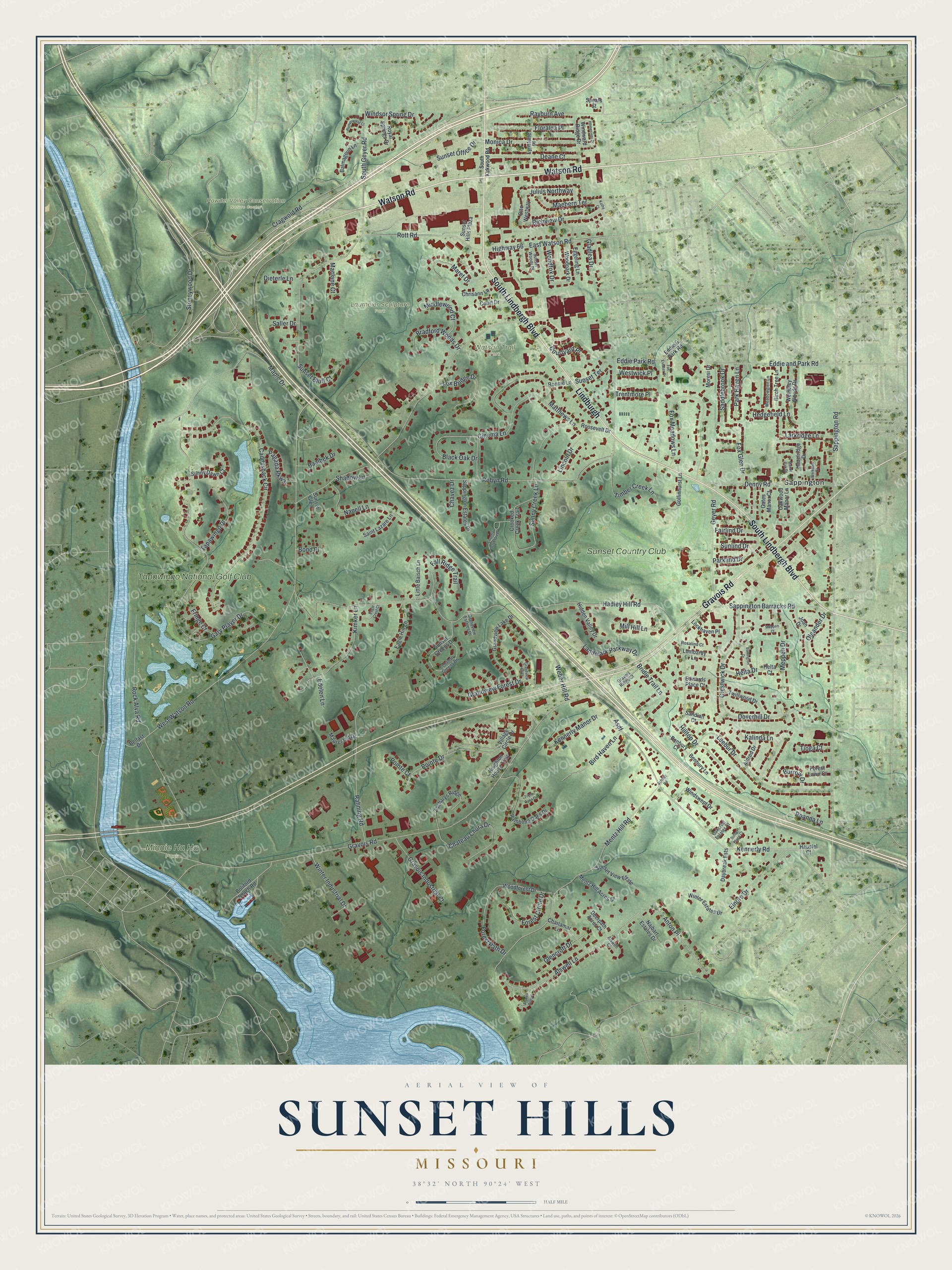 Full map of Sunset Hills, Missouri, with red buildings, printed street names and the land around them