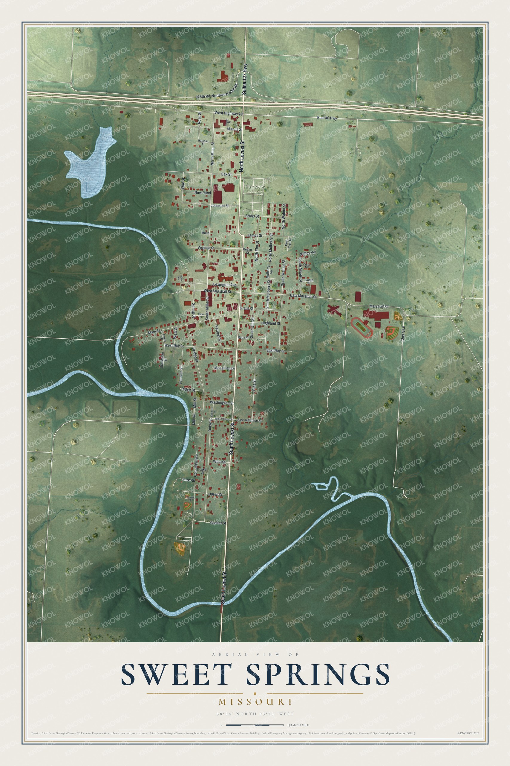 Full map of Sweet Springs, Missouri, with red buildings, printed street names and the land around them