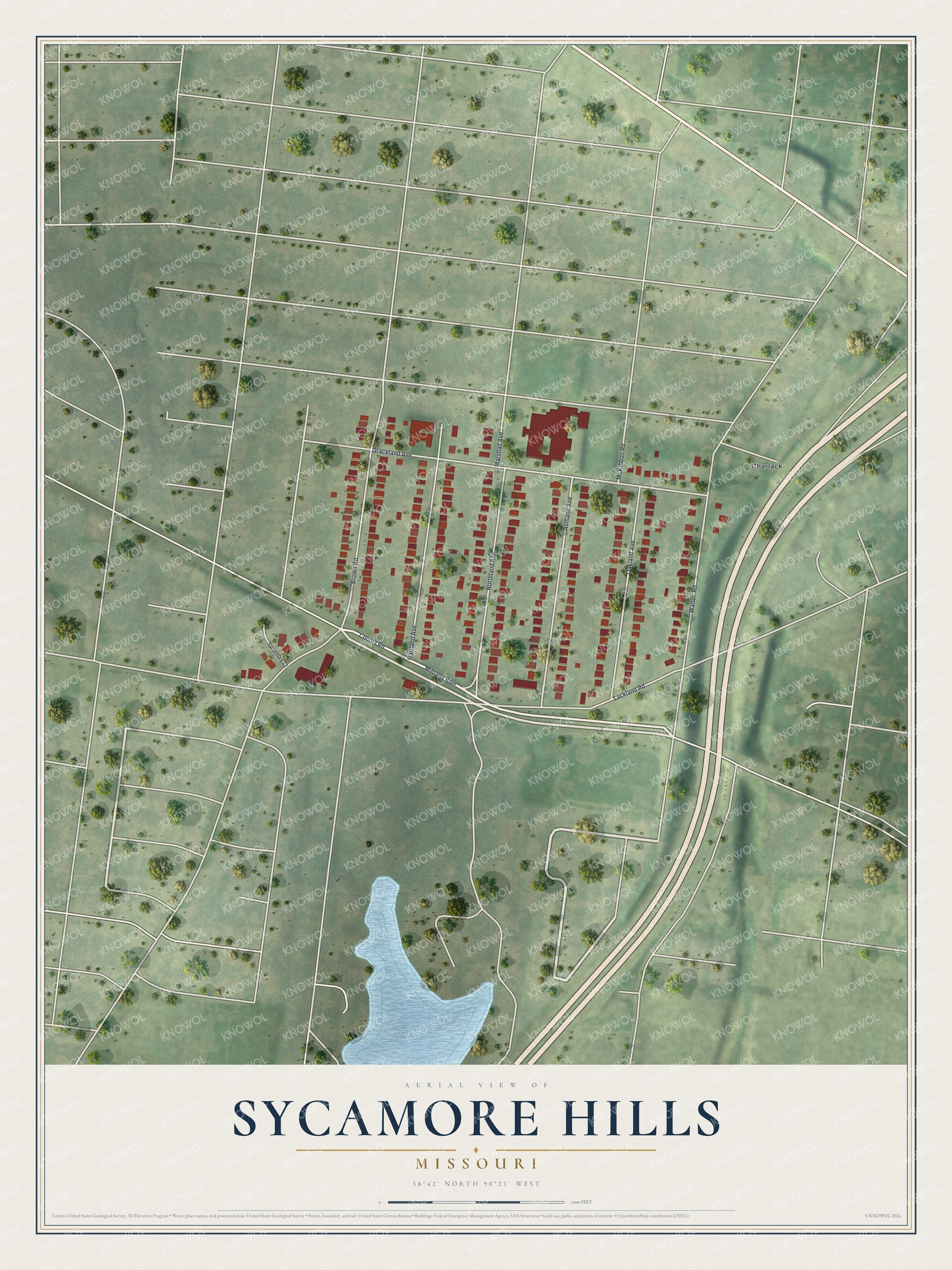 Full map of Sycamore Hills, Missouri, with red buildings, printed street names and the land around them