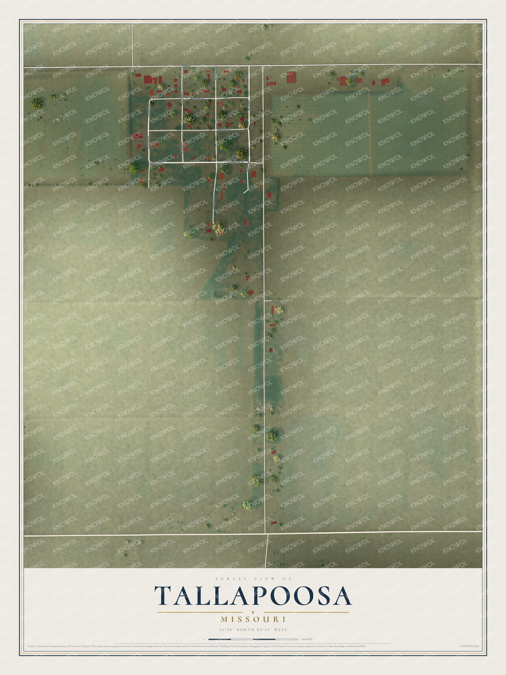 Full map of Tallapoosa, Missouri, with red buildings, printed street names and the land around them