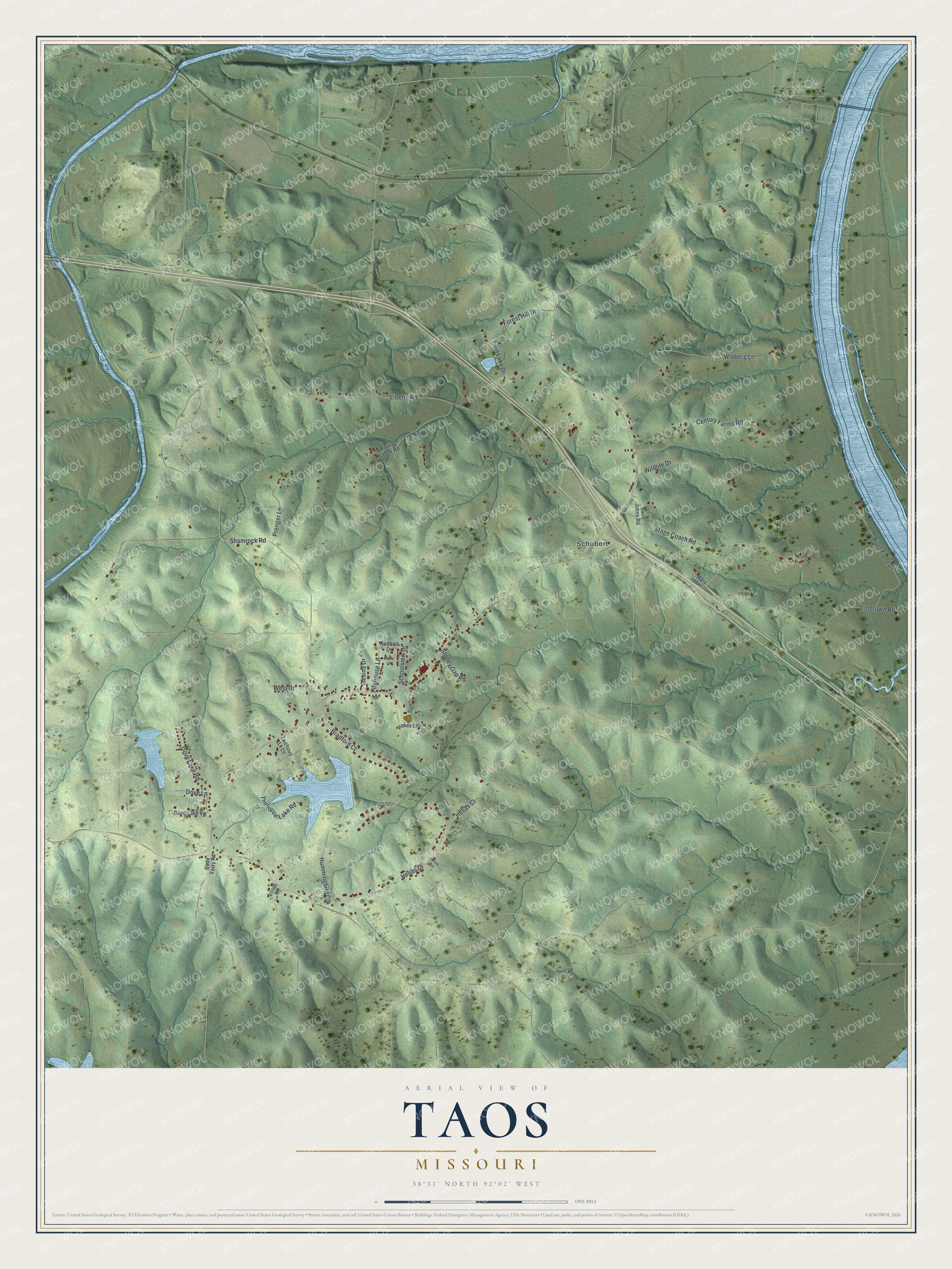 Watermarked full-map preview of Taos, Missouri