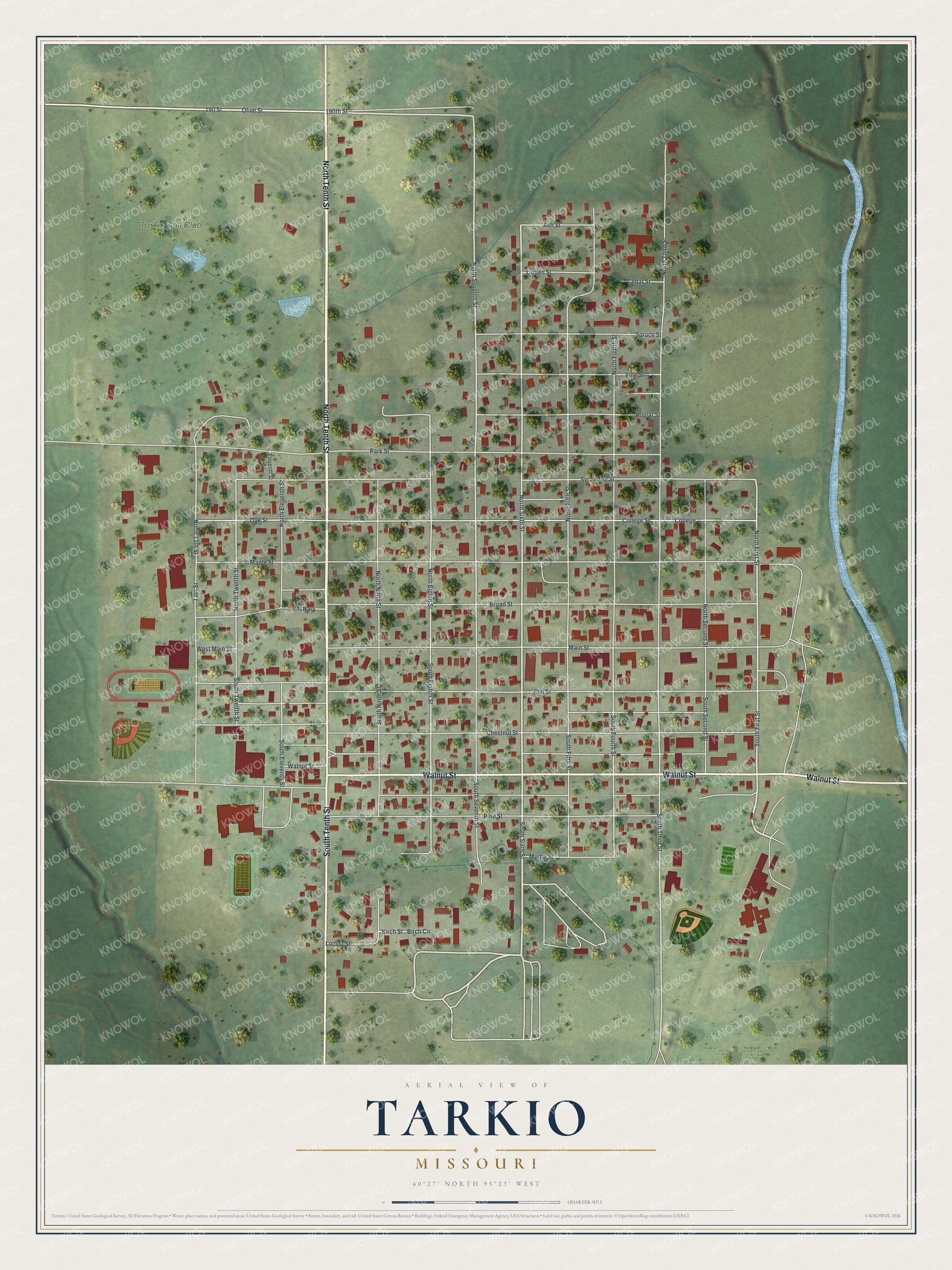 Map of Tarkio, Missouri with red buildings in a street grid on green hills, Tarkio Golf Club to the northwest and a blue river on the east side