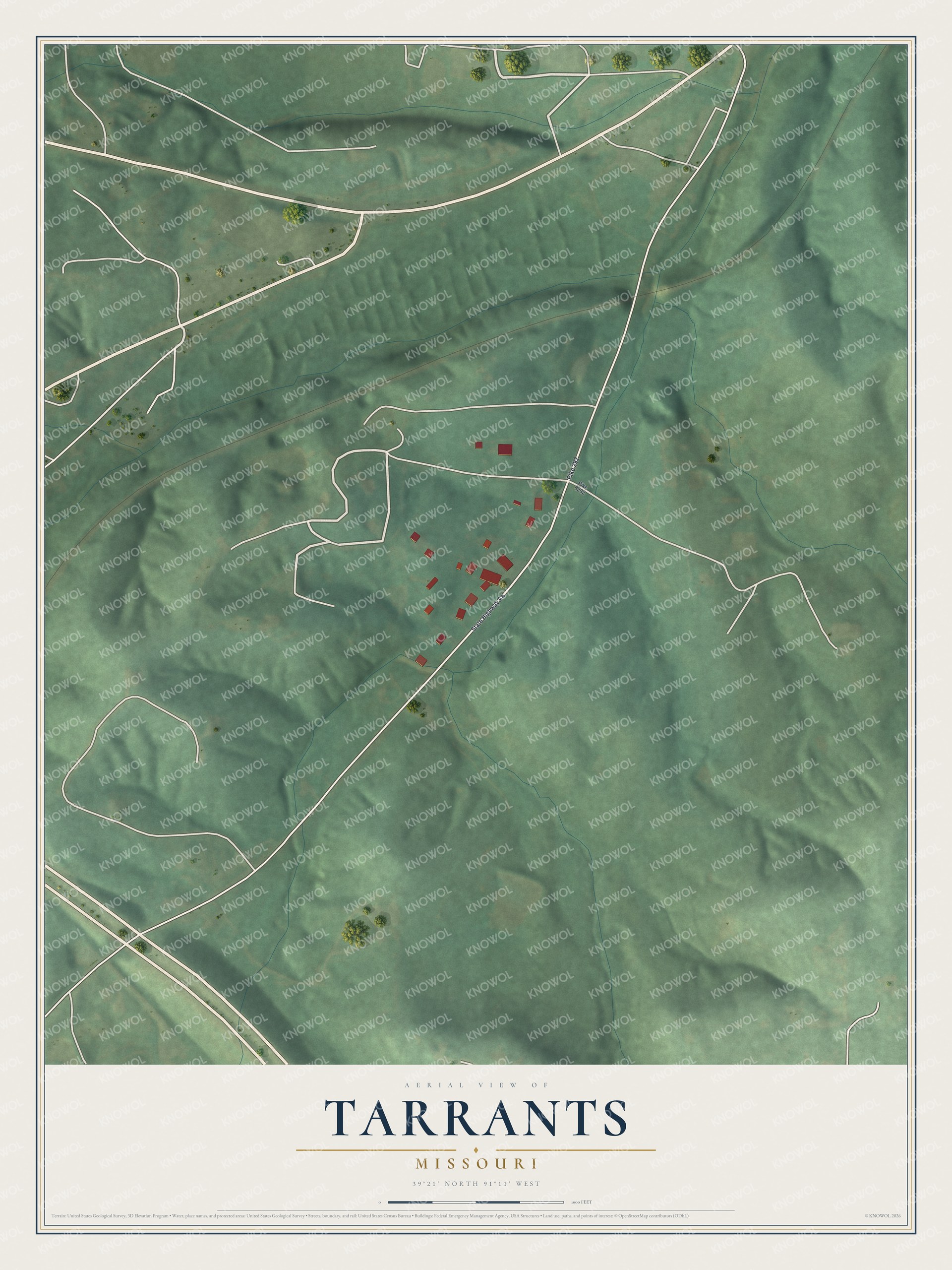 Full map of Tarrants, Missouri, with red buildings, printed street names and the land around them