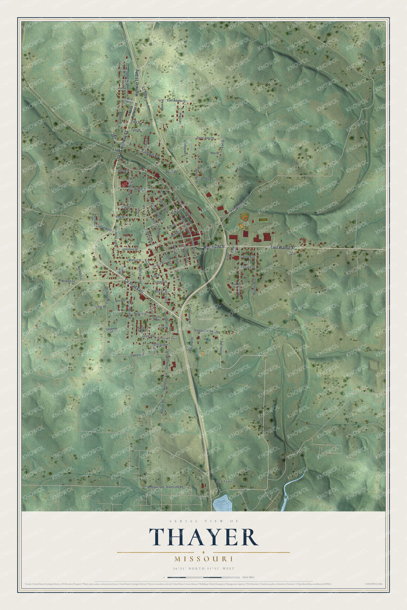 Full map of Thayer, Missouri, with red buildings, printed street names and the land around them