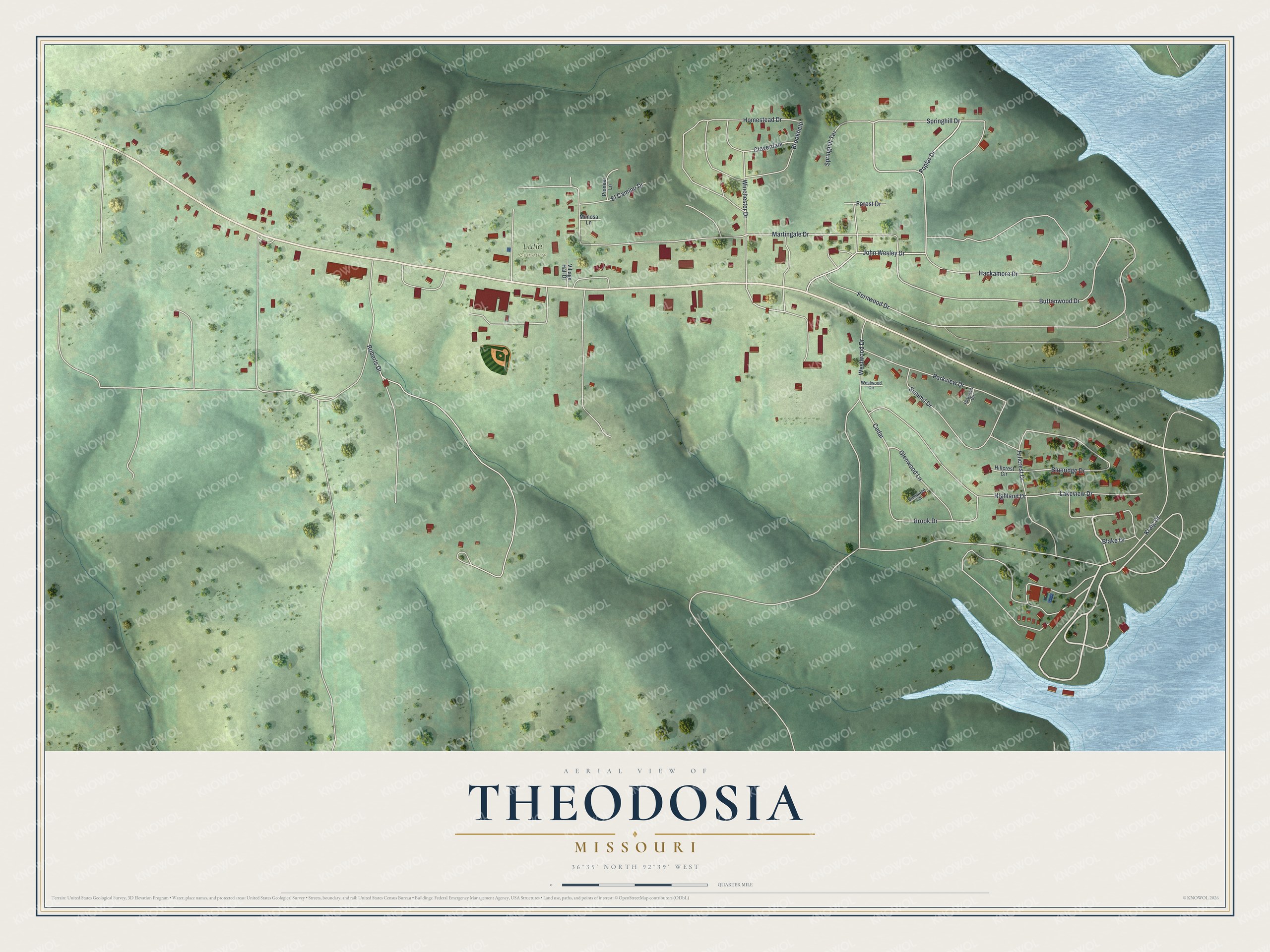 Full map of Theodosia, Missouri, with red buildings, printed street names and the land around them