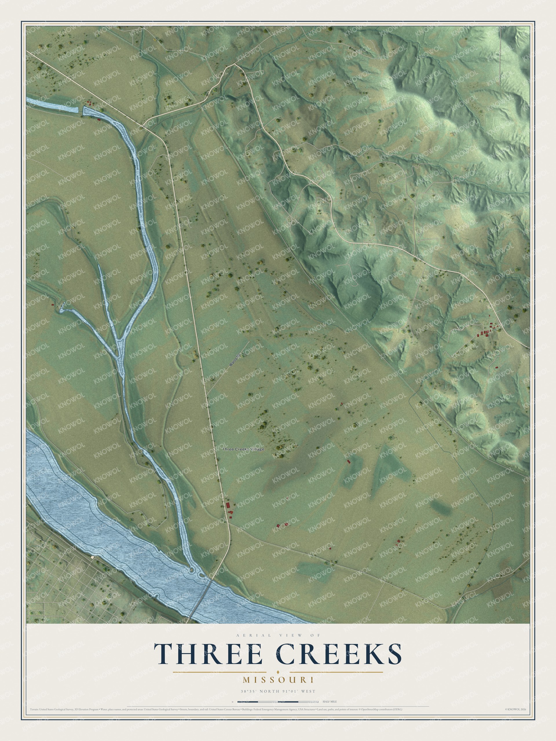 Watermarked full-map preview of Three Creeks, Missouri