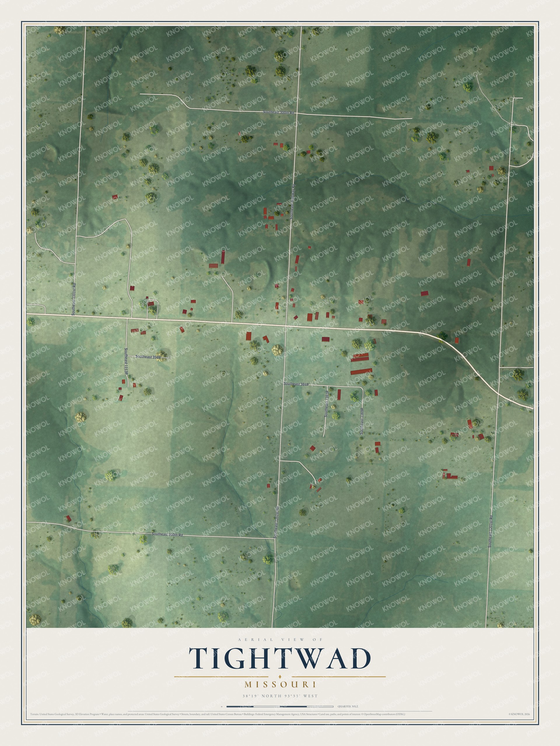 Full map of Tightwad, Missouri, with red buildings, printed street names and the land around them