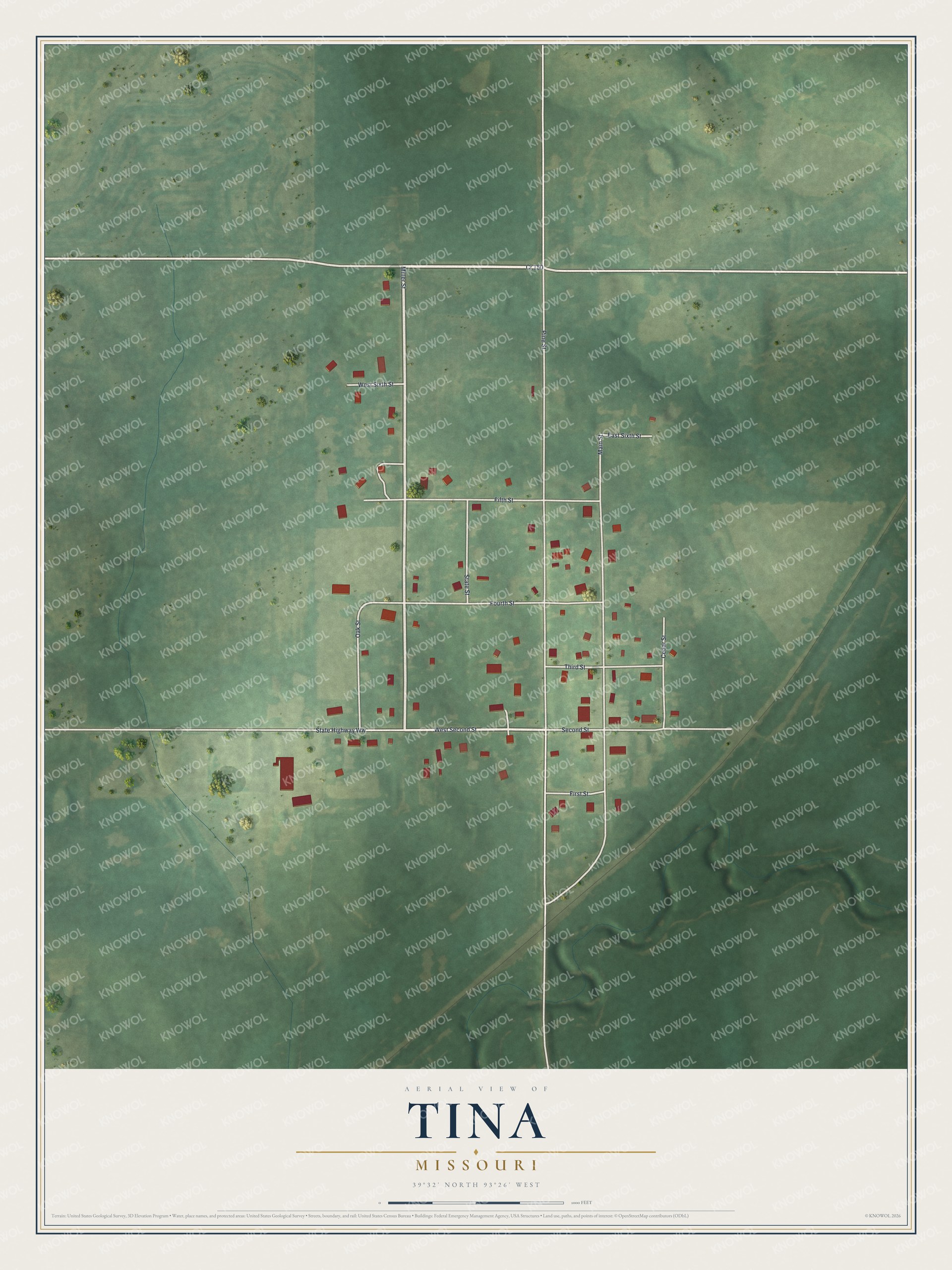 Full map of Tina, Missouri, with red buildings, printed street names and the land around them