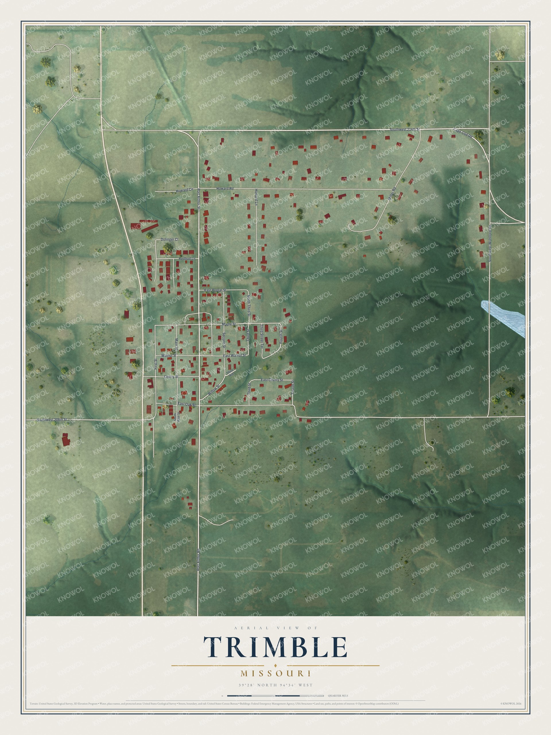 Full map of Trimble, Missouri, with red buildings, printed street names and the land around them