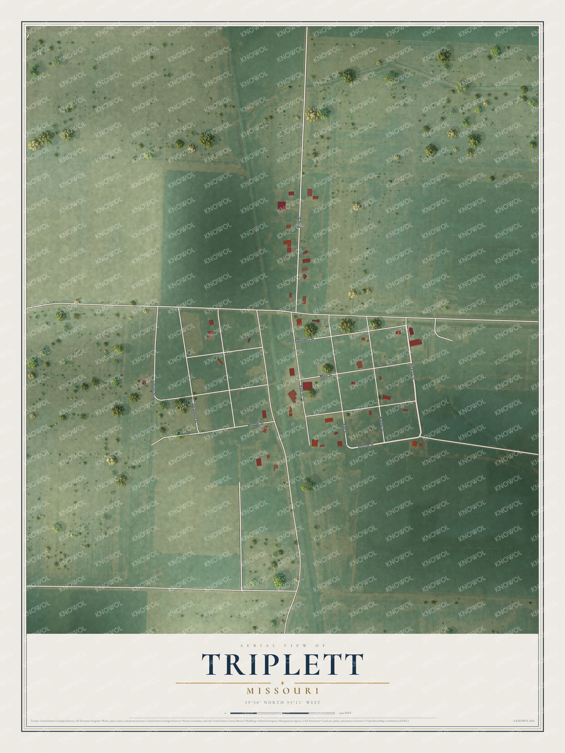 Full map of Triplett, Missouri, with red buildings, printed street names and the land around them