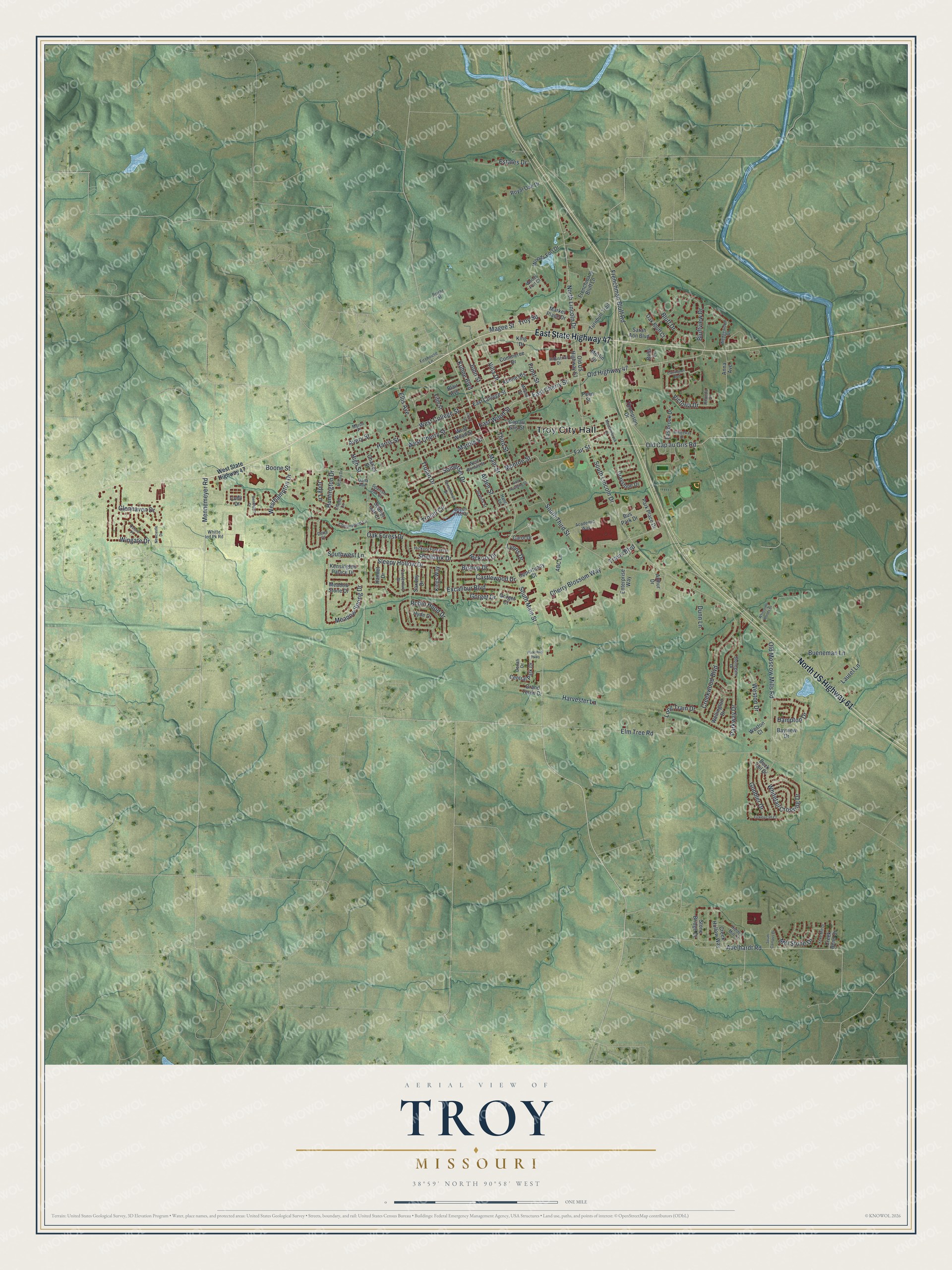 Full map of Troy, Missouri, with red buildings, printed street names and the land around them
