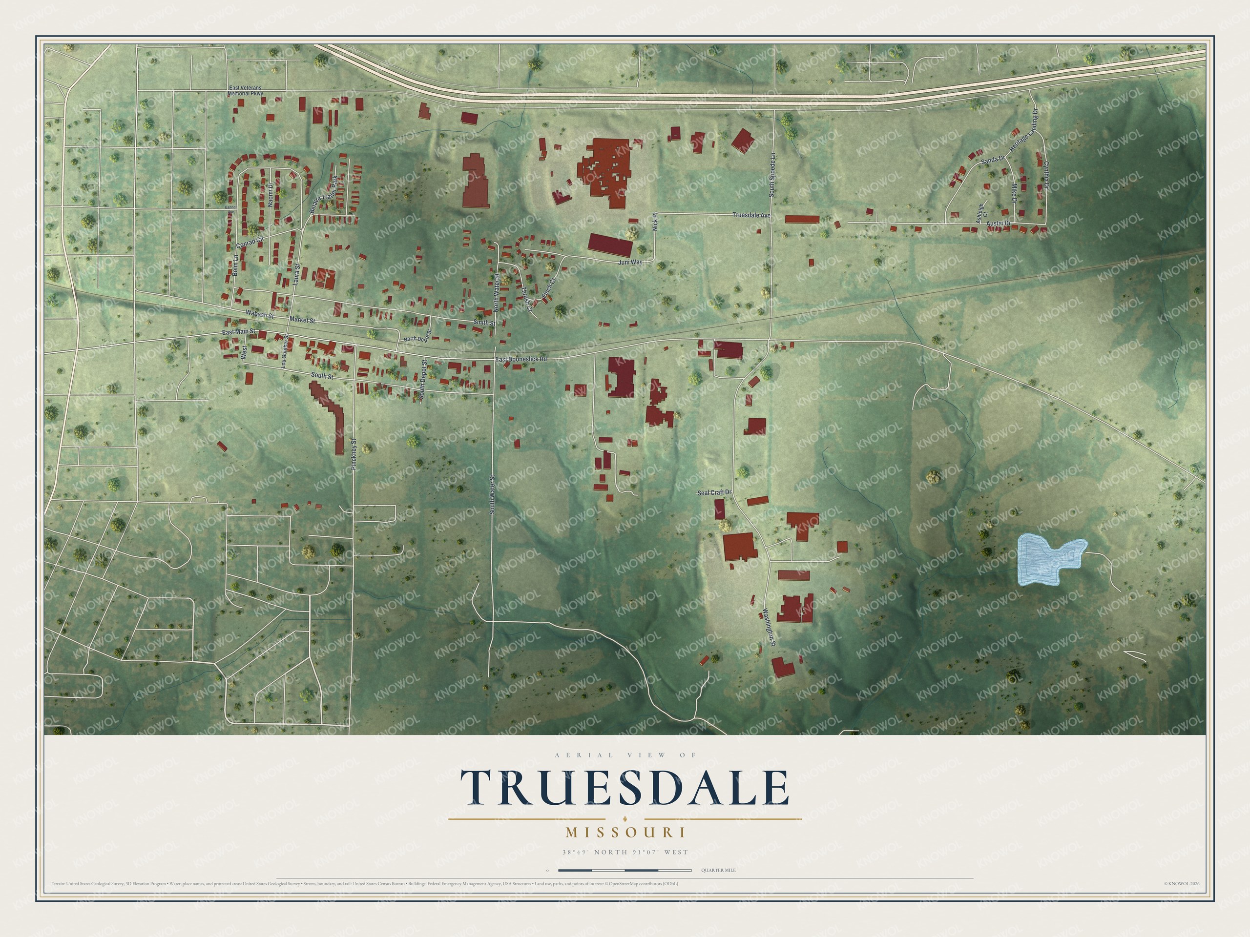 Full map of Truesdale, Missouri, with red buildings, printed street names and the land around them