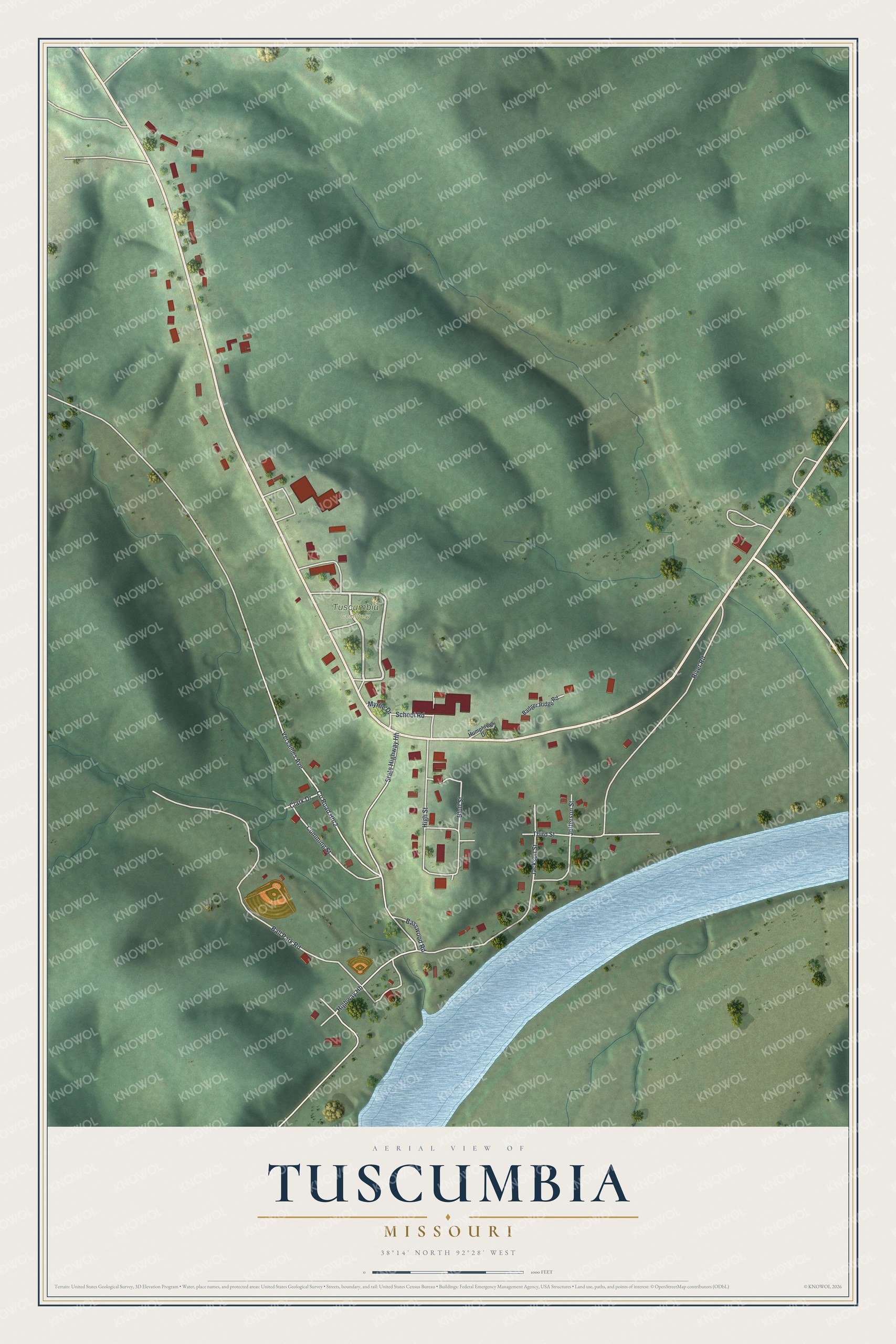 Full map of Tuscumbia, Missouri, with red buildings, printed street names and the land around them