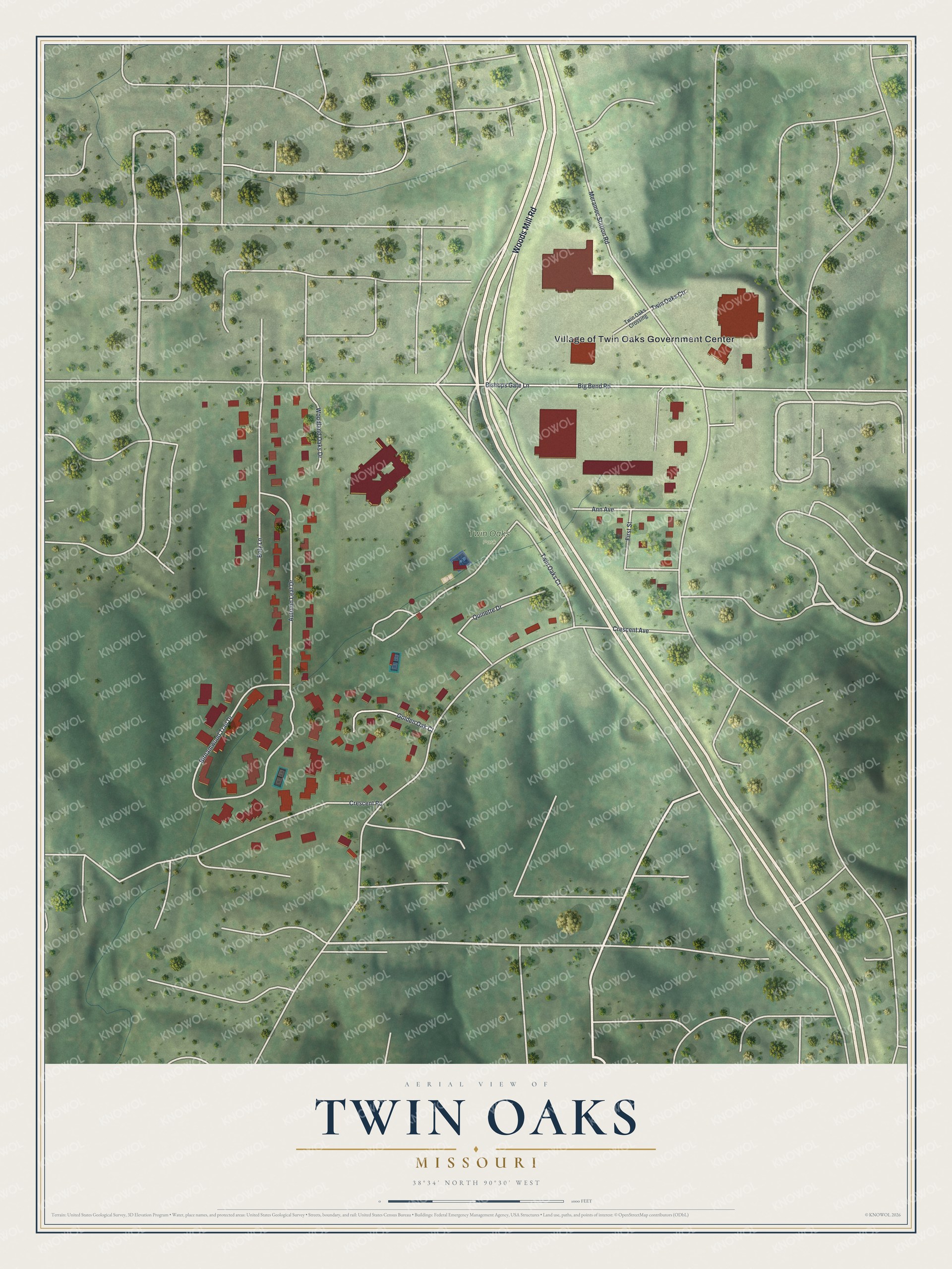 Full map of Twin Oaks, Missouri, with red buildings, printed street names and the land around them