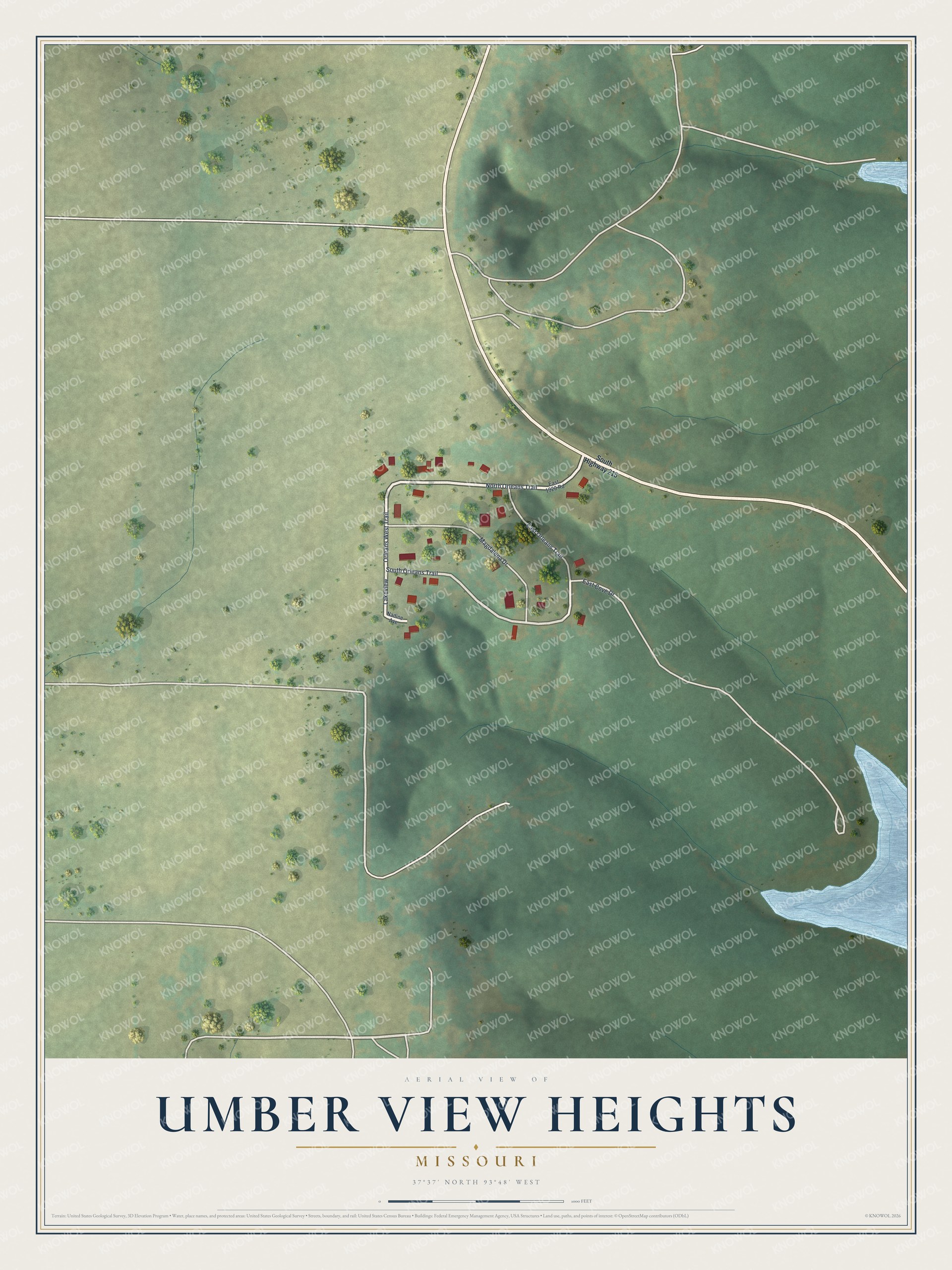 Full map of Umber View Heights, Missouri, with red buildings, printed street names and the land around them