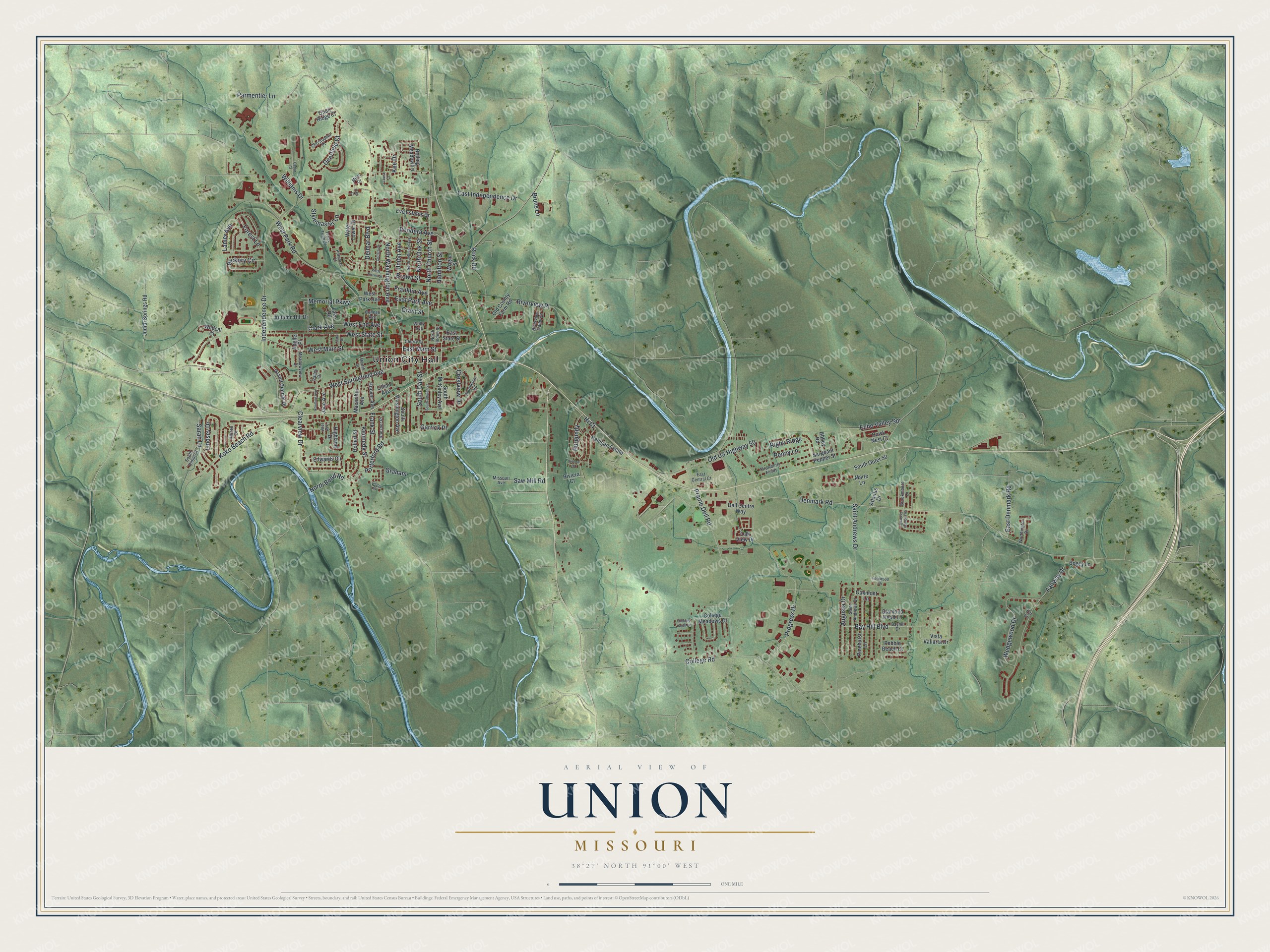 Full map of Union, Missouri, with red buildings, printed street names and the land around them