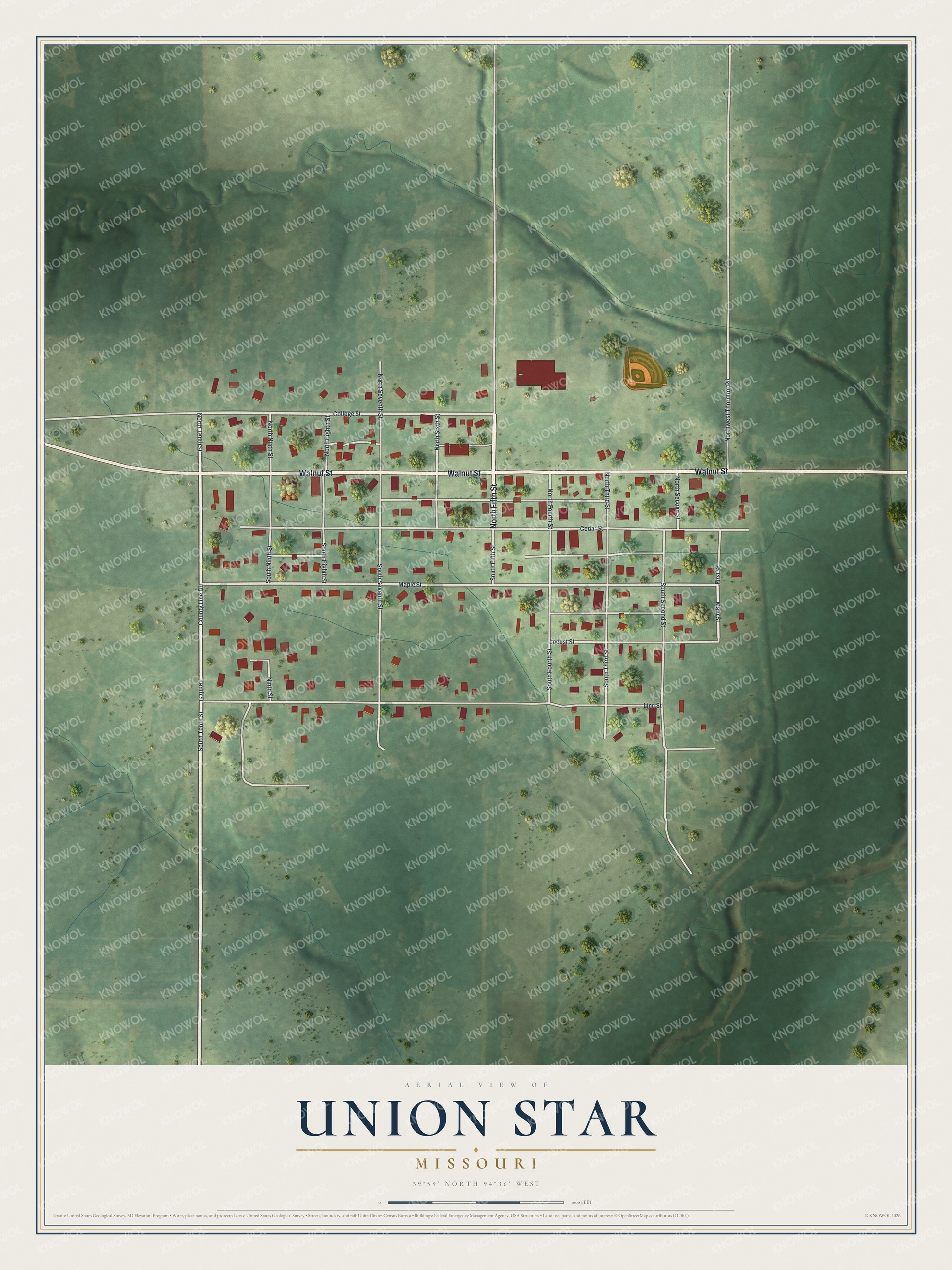 Union Star, Missouri map with red buildings along a street grid, green fields, winding creeks, and a cream title panel