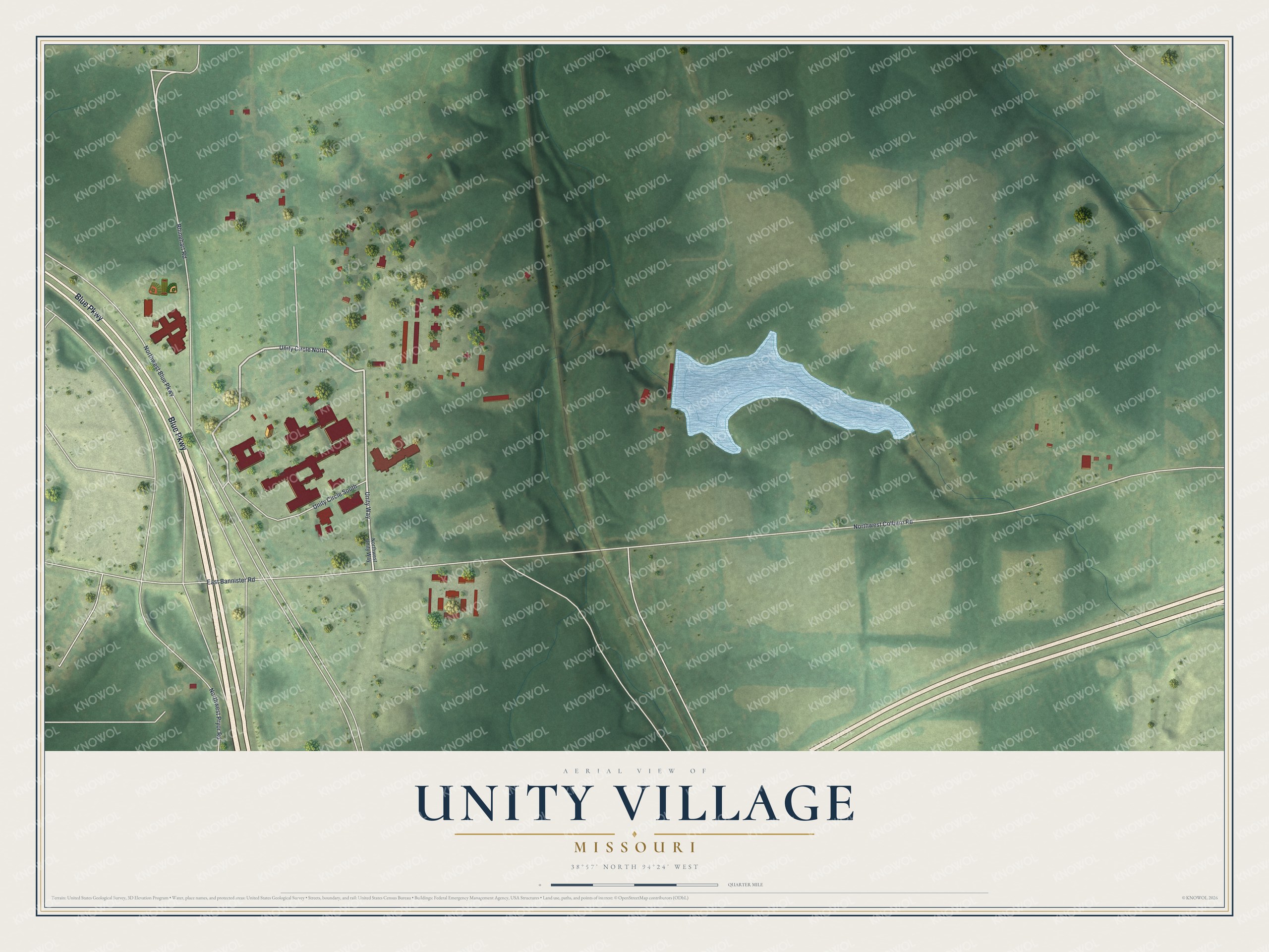 Full map of Unity Village, Missouri, with red buildings, printed street names and the land around them