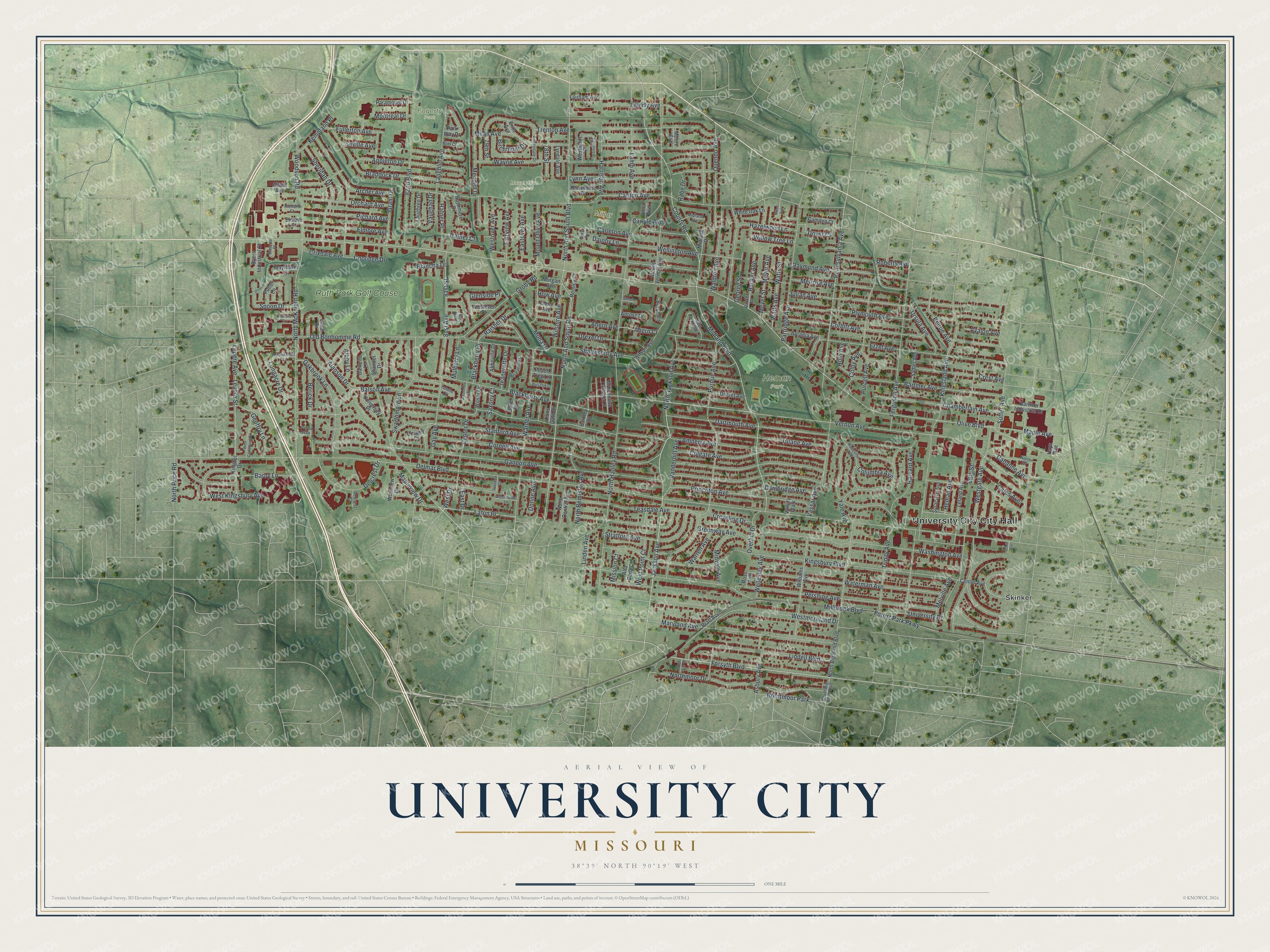 Aerial view map of University City, Missouri, with red buildings on green terrain and Heman Park near the center
