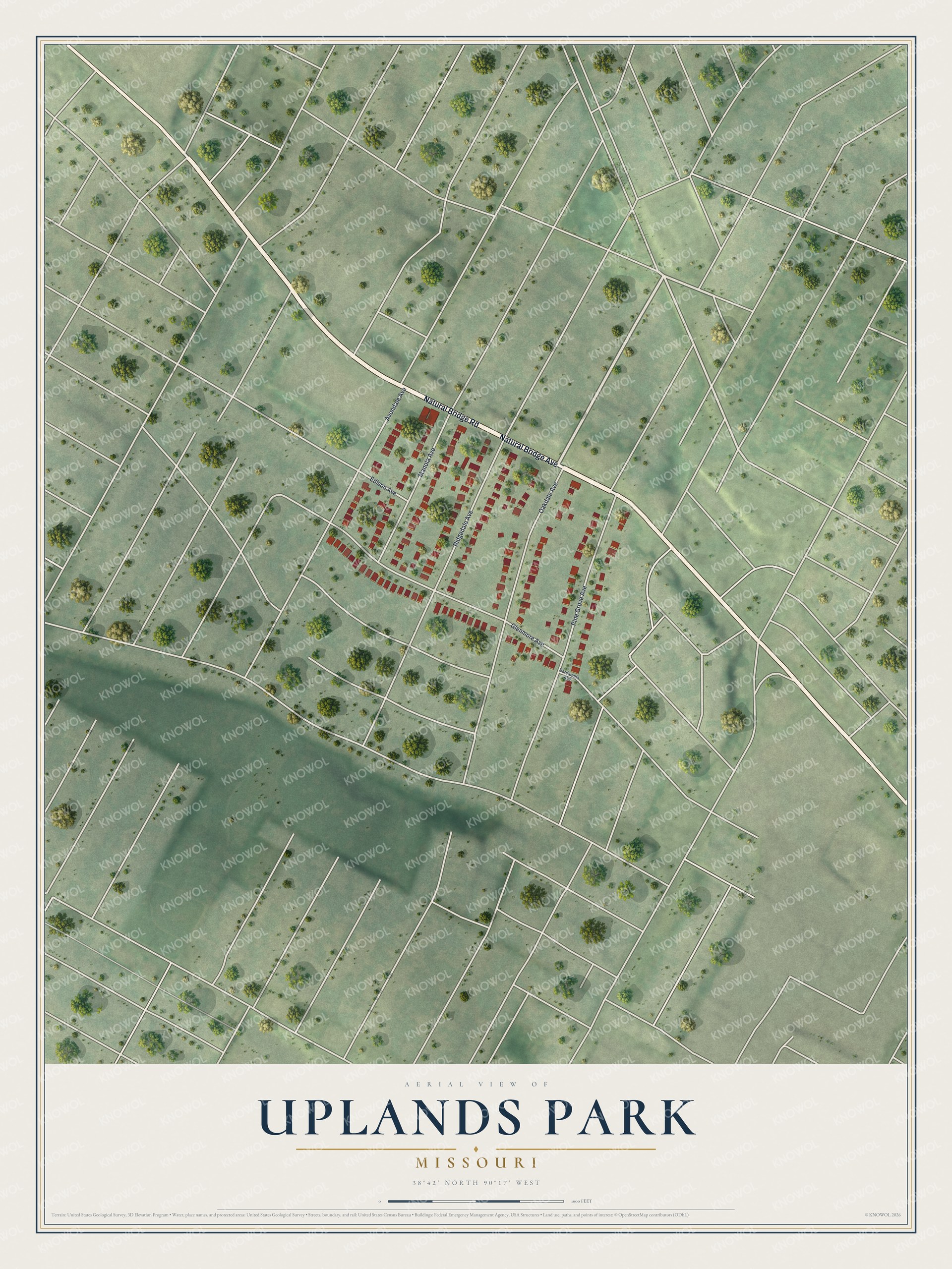 Full map of Uplands Park, Missouri, with red buildings, printed street names and the land around them