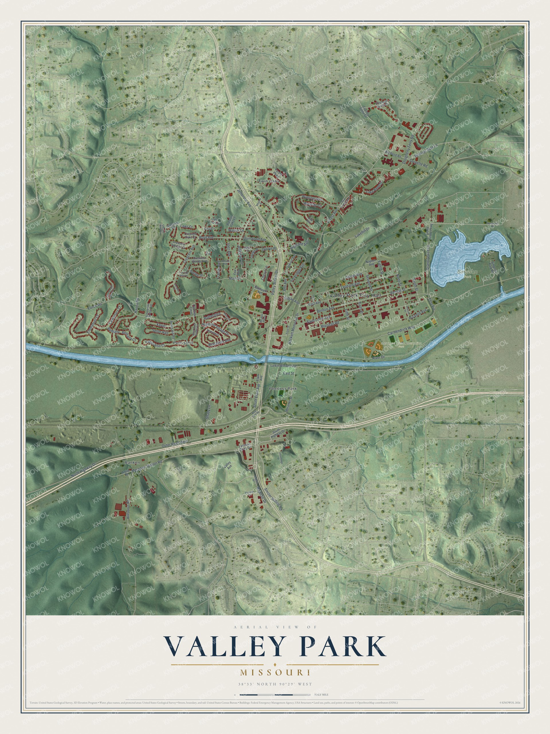 Full map of Valley Park, Missouri, with red buildings, printed street names and the land around them