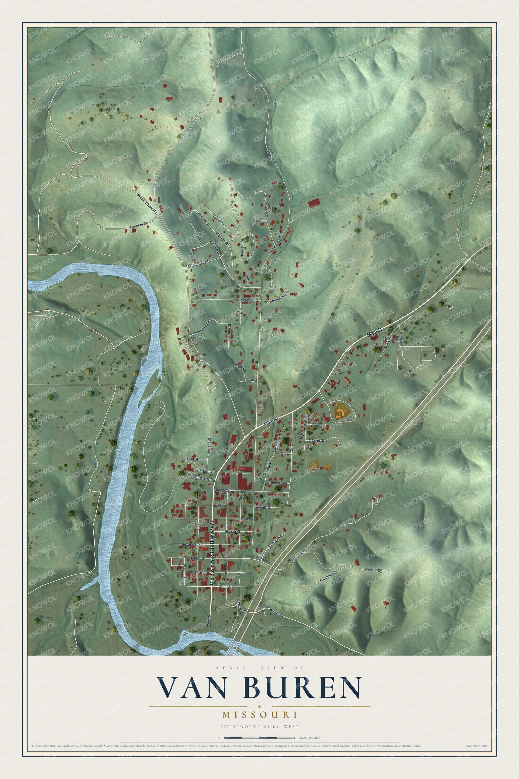 Full map of Van Buren, Missouri, with red buildings, printed street names and the land around them
